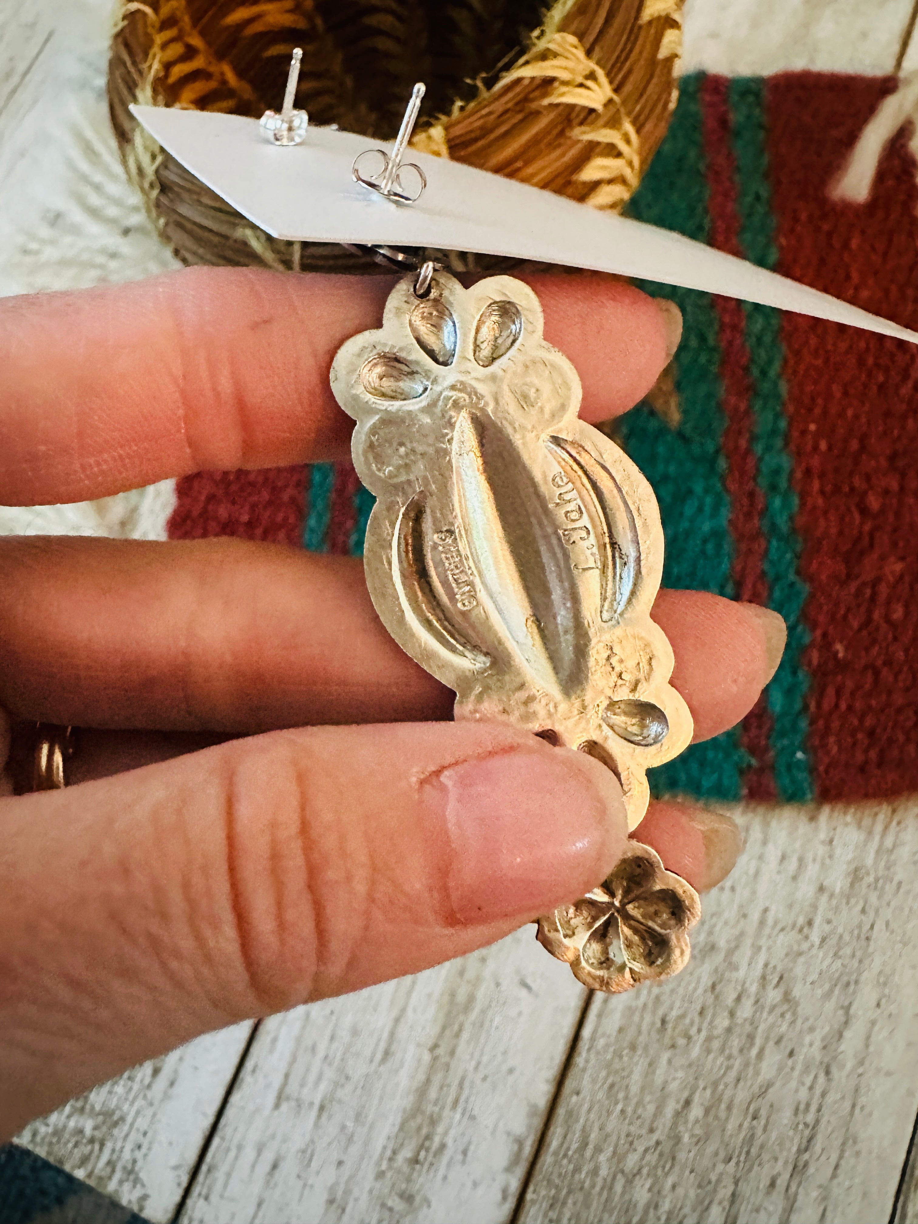 Navajo Hand Stamped Sterling Silver Concho Dangle Earrings by Leander Tahe