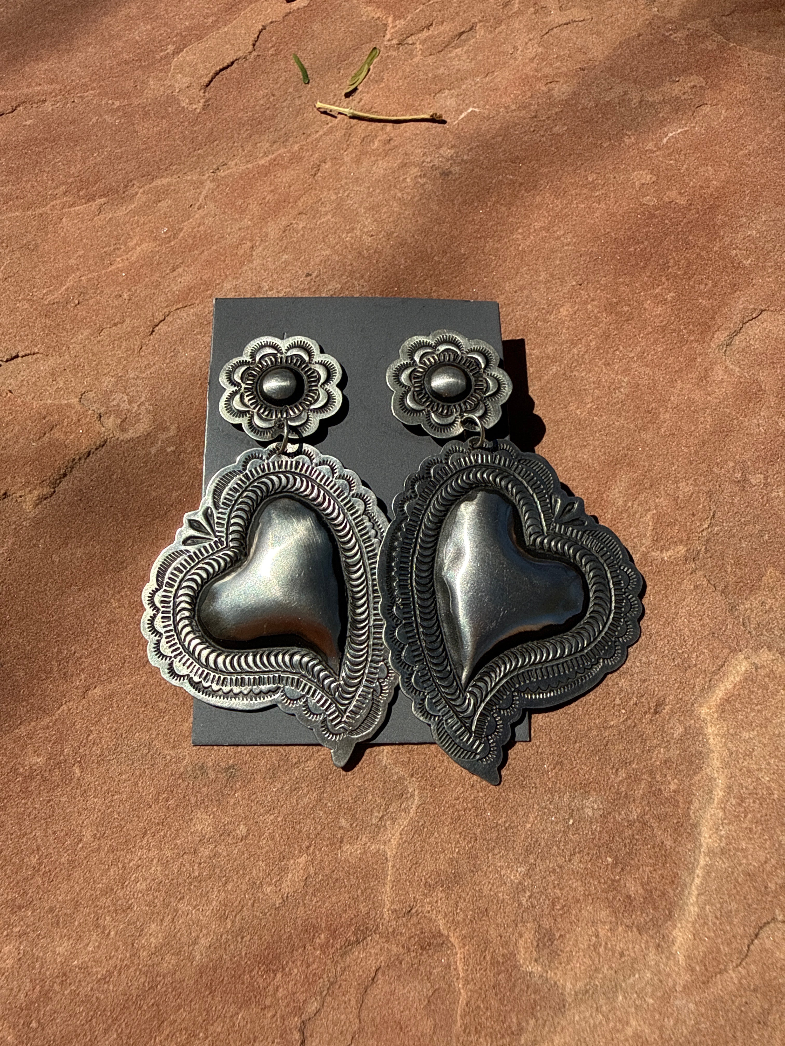 Handcrafted Sterling Silver Concho Heart Dangle Earrings by Leander Tahe