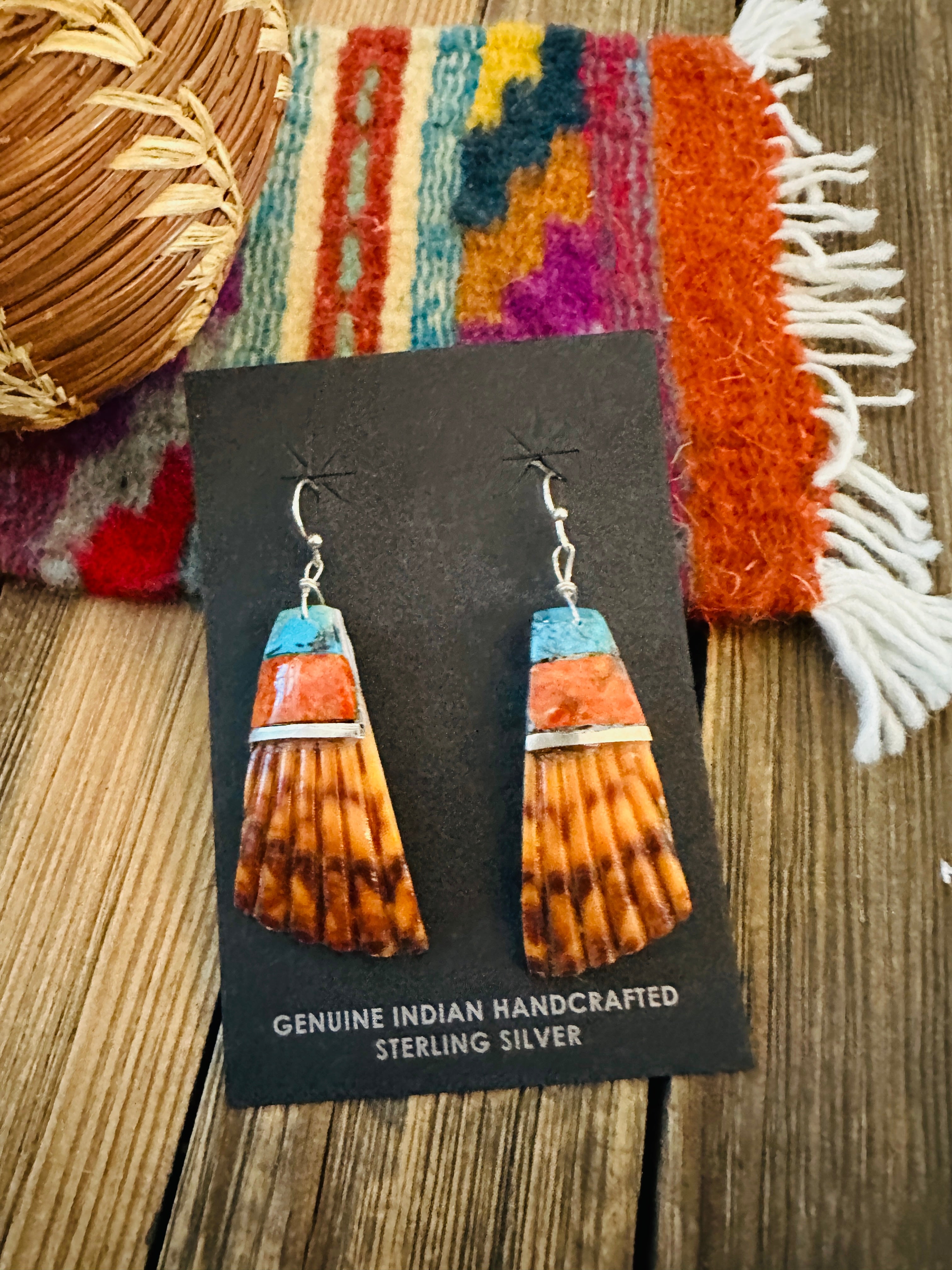 Handcrafted Multi Stone Inlay & Shell Dangle Earrings