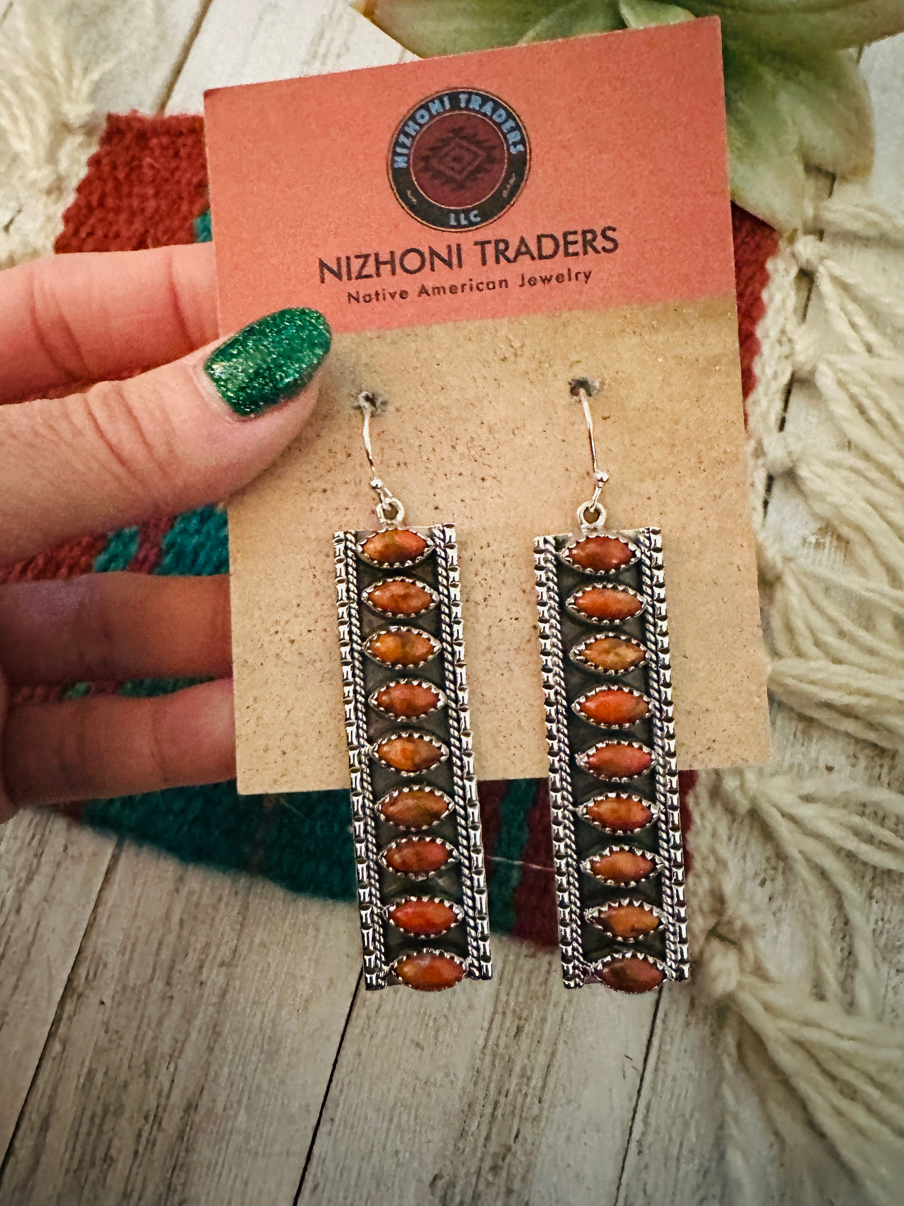 Handmade Orange Spiny & Sterling Silver Dangle Earrings Signed Nizhoni