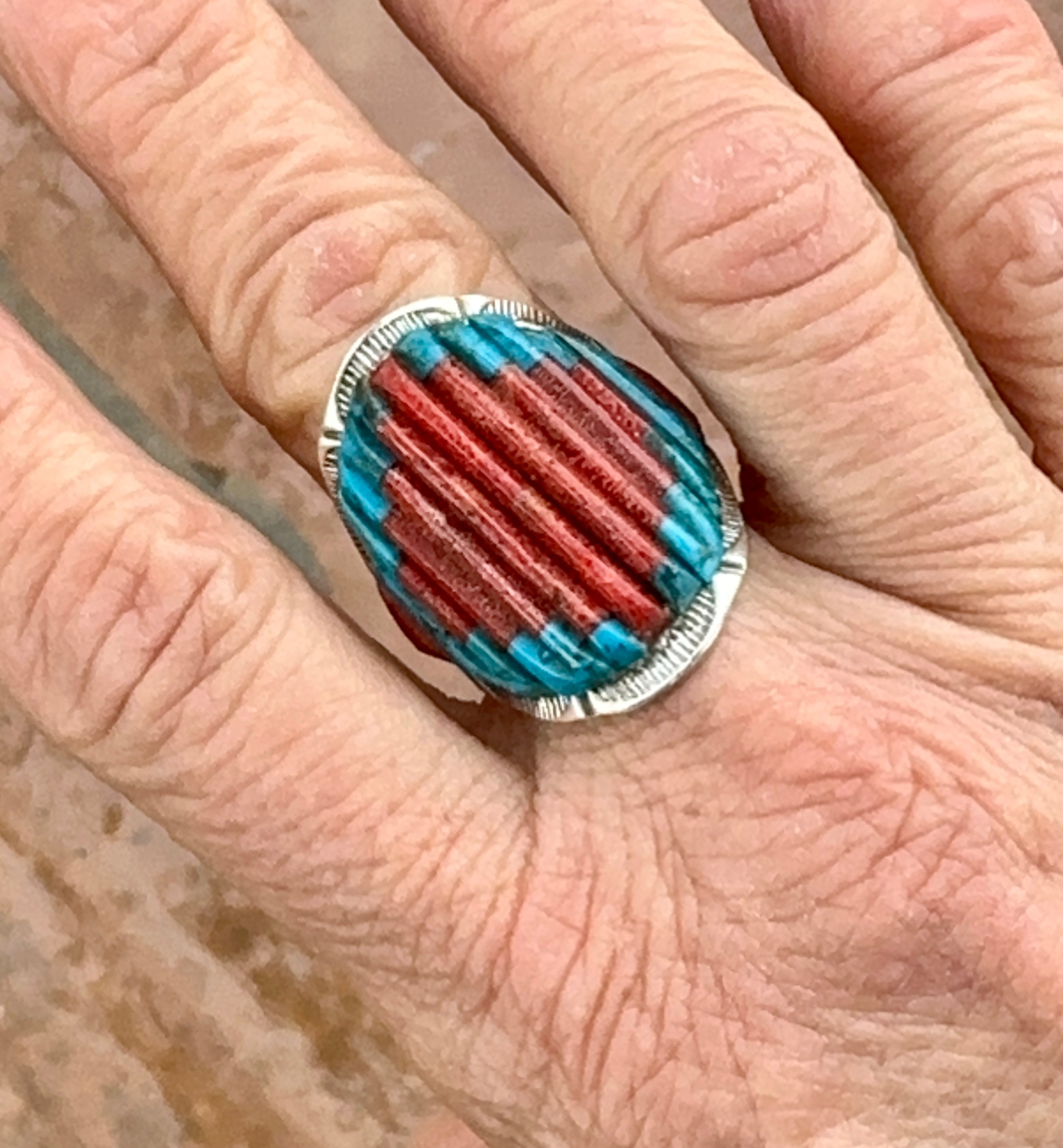 Handmade Turquoise, Coral & Sterling Silver Adjustable Ring Signed Nizhoni