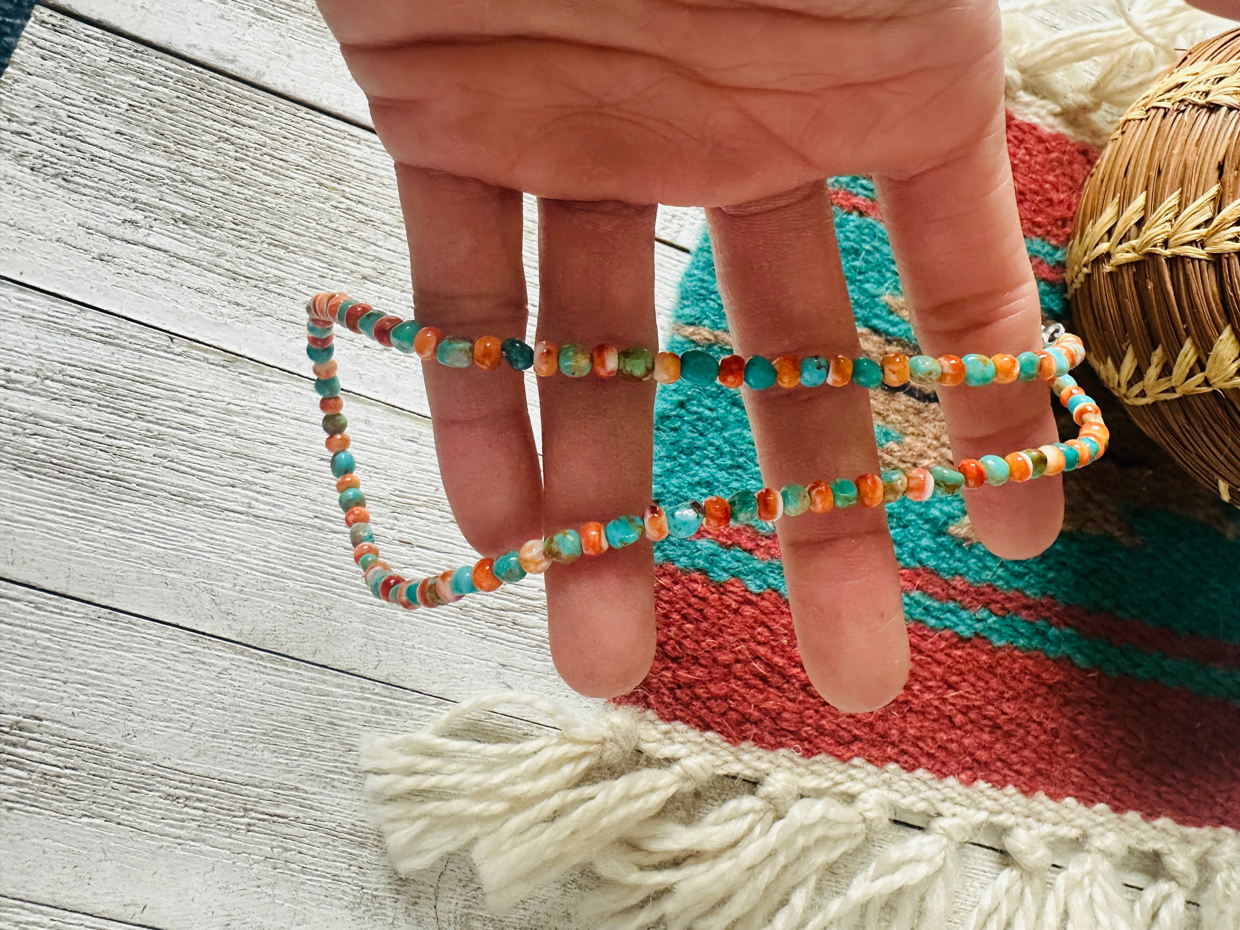 Navajo Turquoise, Spiny & Sterling Silver Beaded Necklace