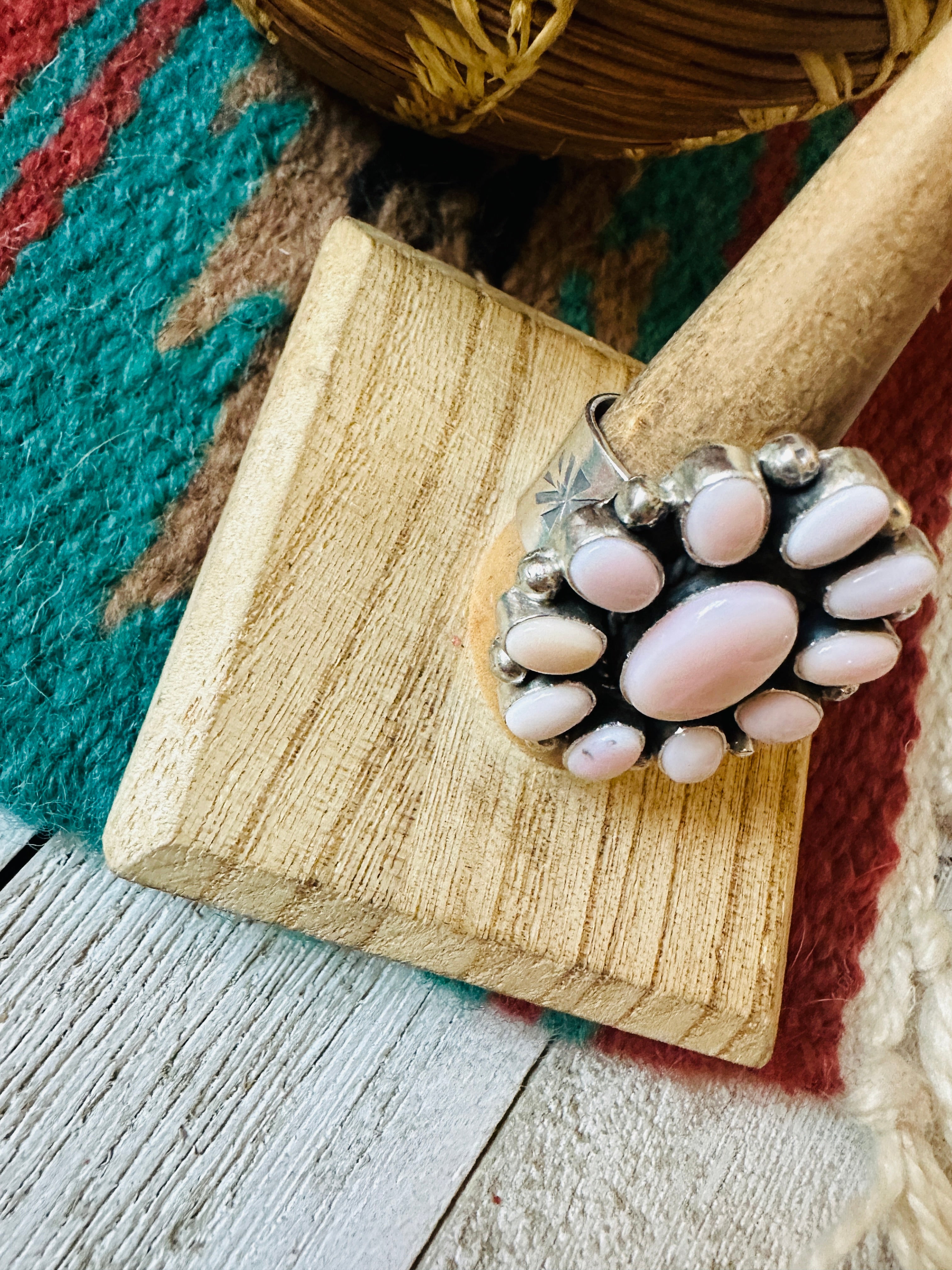 Navajo Sterling Silver & Queen Pink Conch Cluster Adjustable Ring