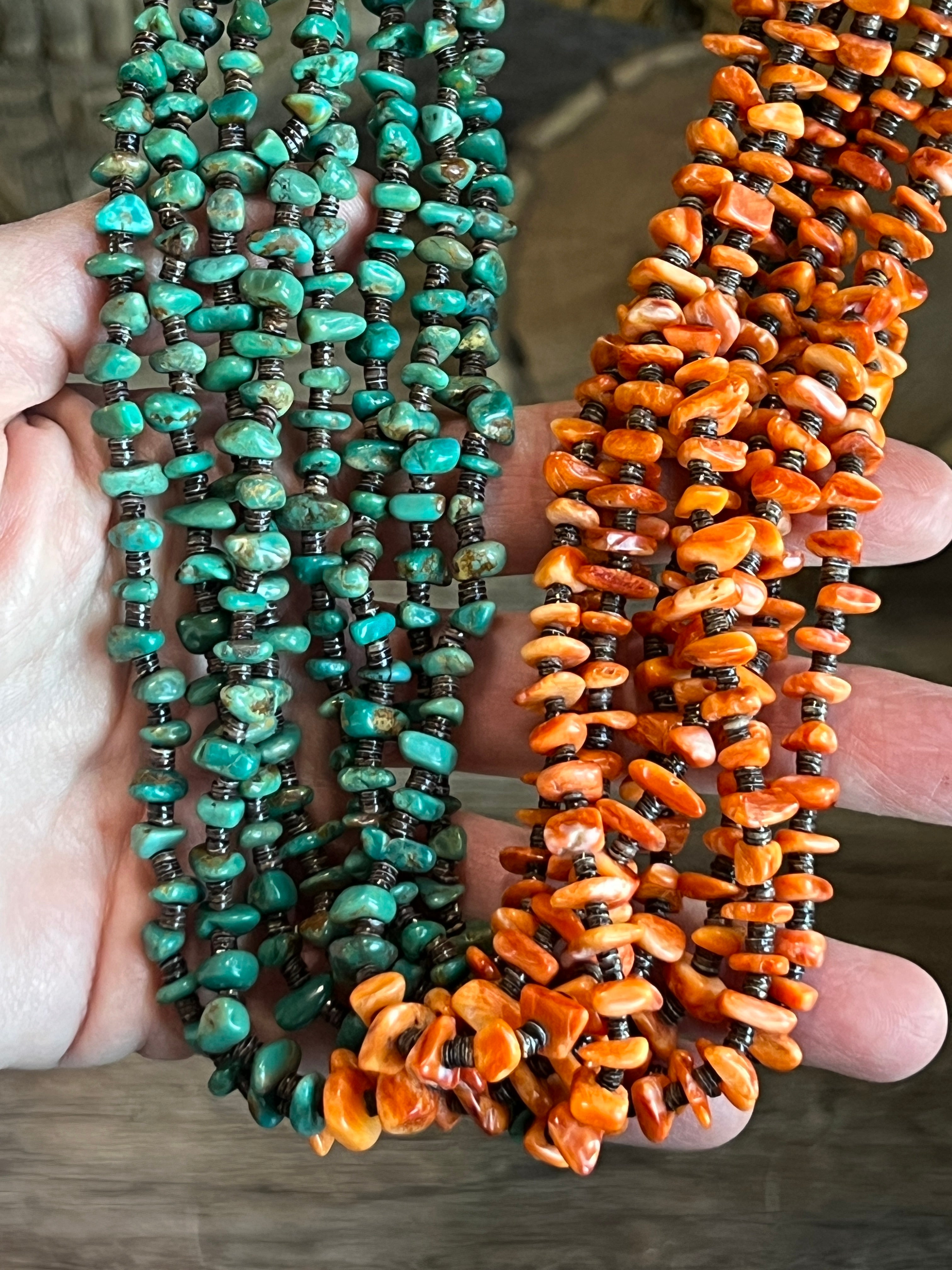 Handcrafted Eight Strand Spiny Oyster and Turquoise Beaded Squaw Wrap Necklace by Daniel Coriz