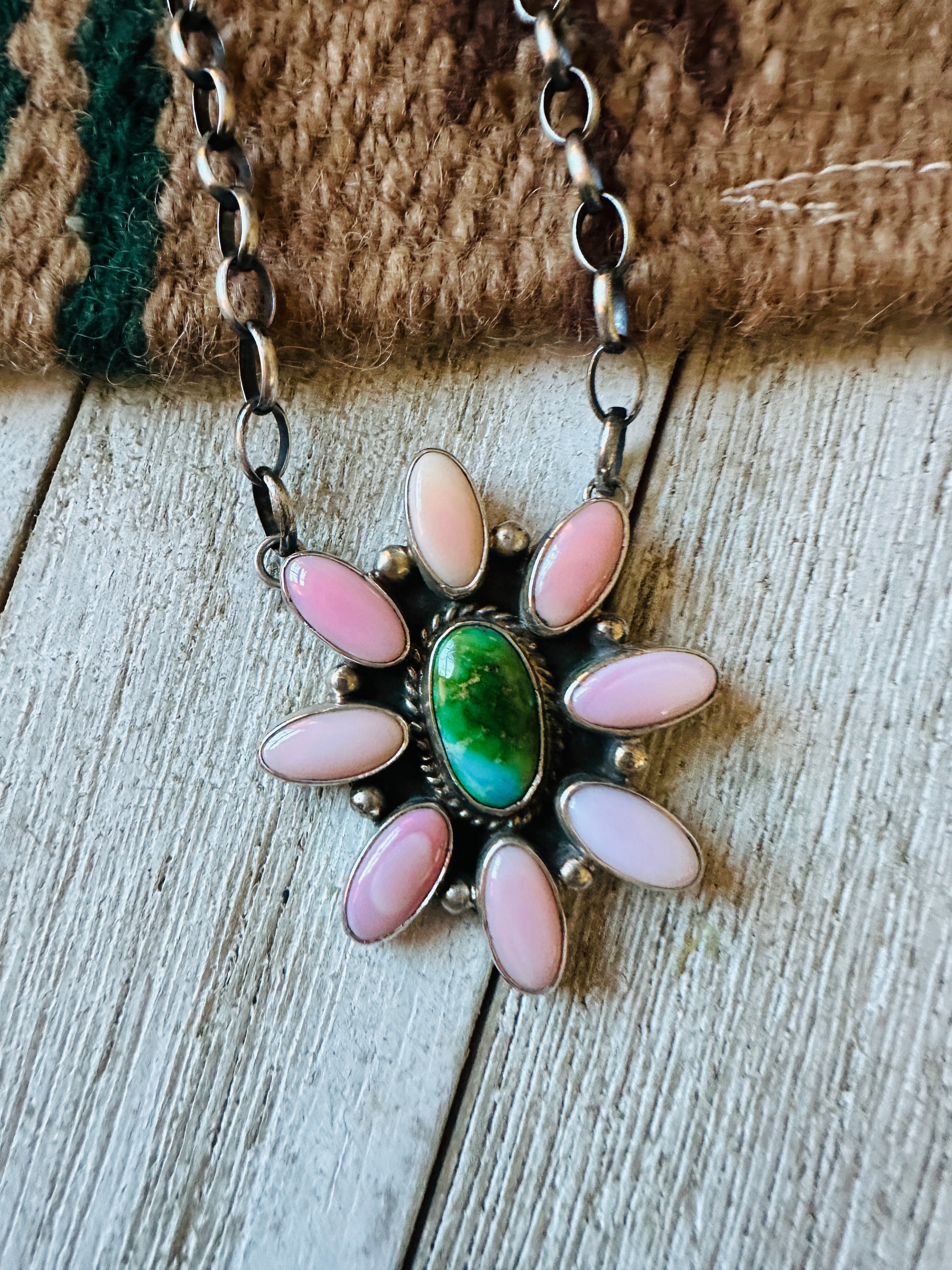 Navajo Sterling Silver, Queen Pink Conch Shell & Turquoise Necklace