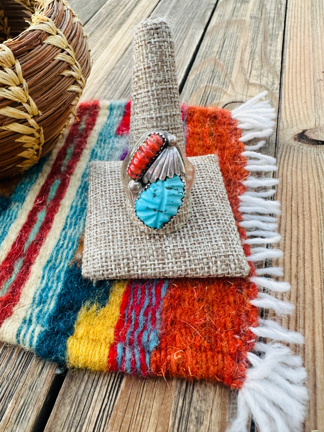 Old Pawn Handcrafted Turquoise, Coral & Sterling Silver Ring Size 12