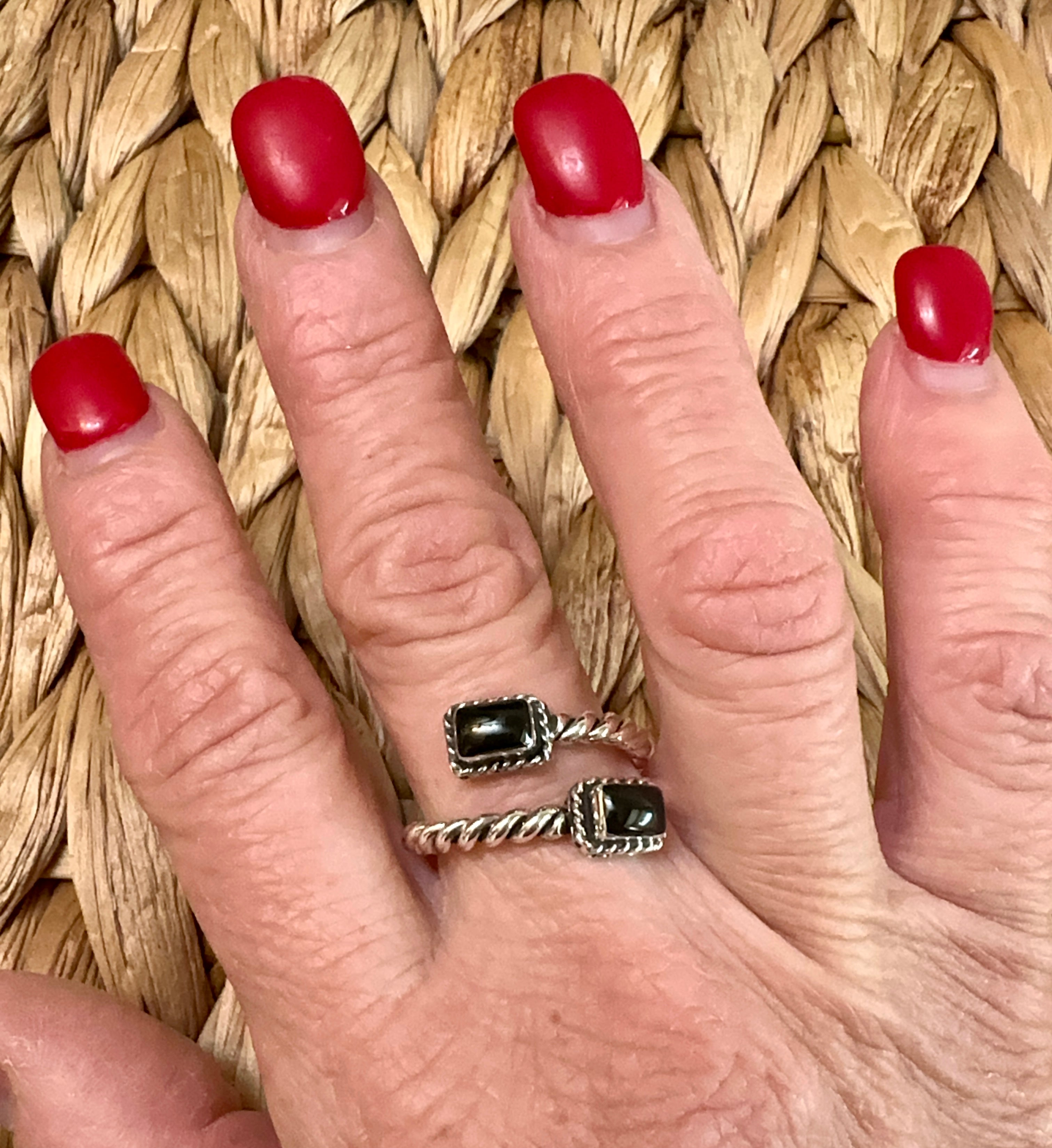 Black Onyx 2 Stone & Sterling Silver Adjustable Ring