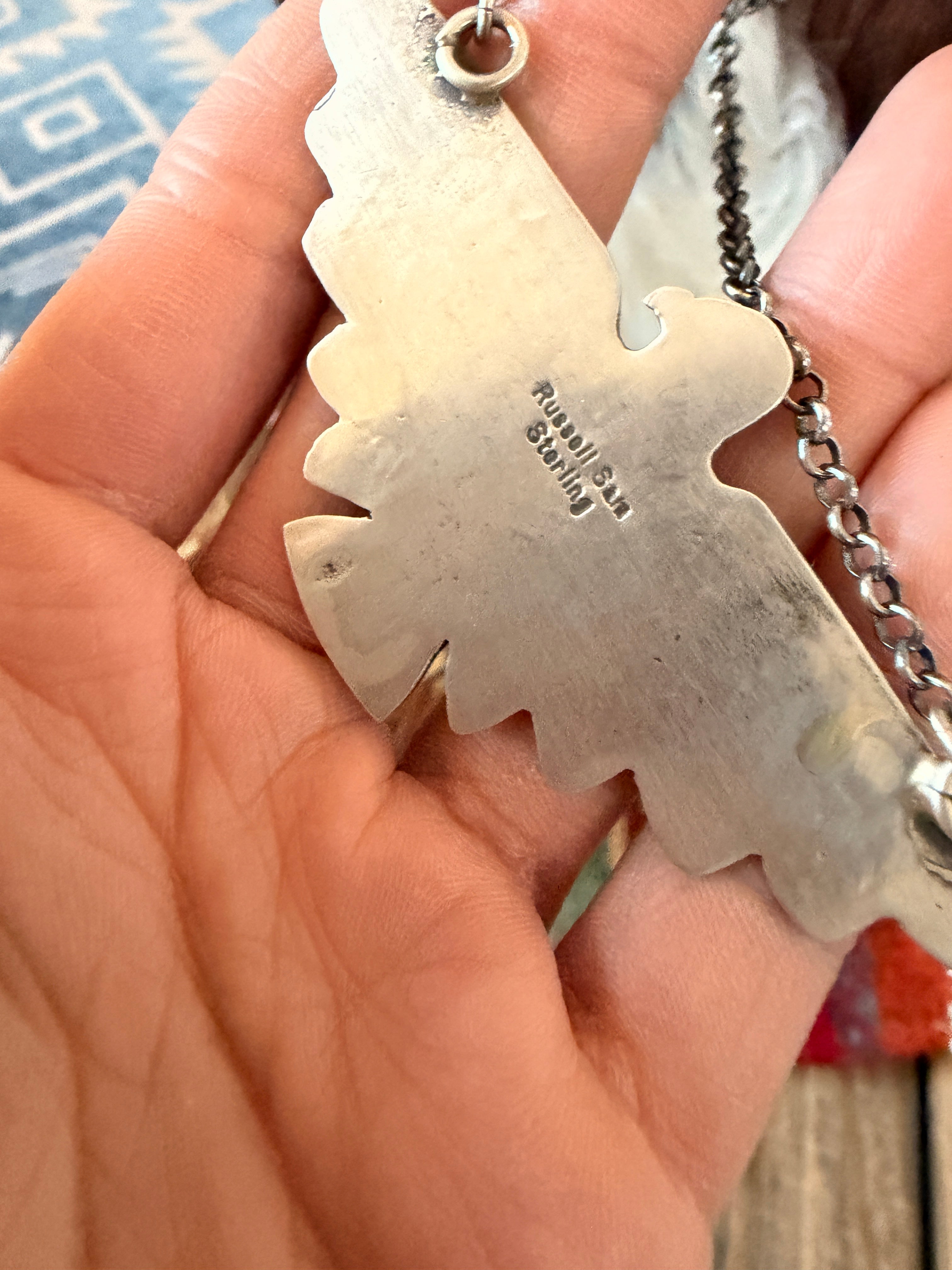 Handcrafted Turquoise & Sterling Silver Thunderbird Necklace by Russell Sam