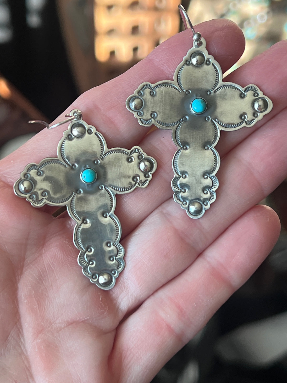 Hand Stamped Cloud Design Sterling Silver Cross Dangle Earrings with Kingman Turquoise by Kimari Somers