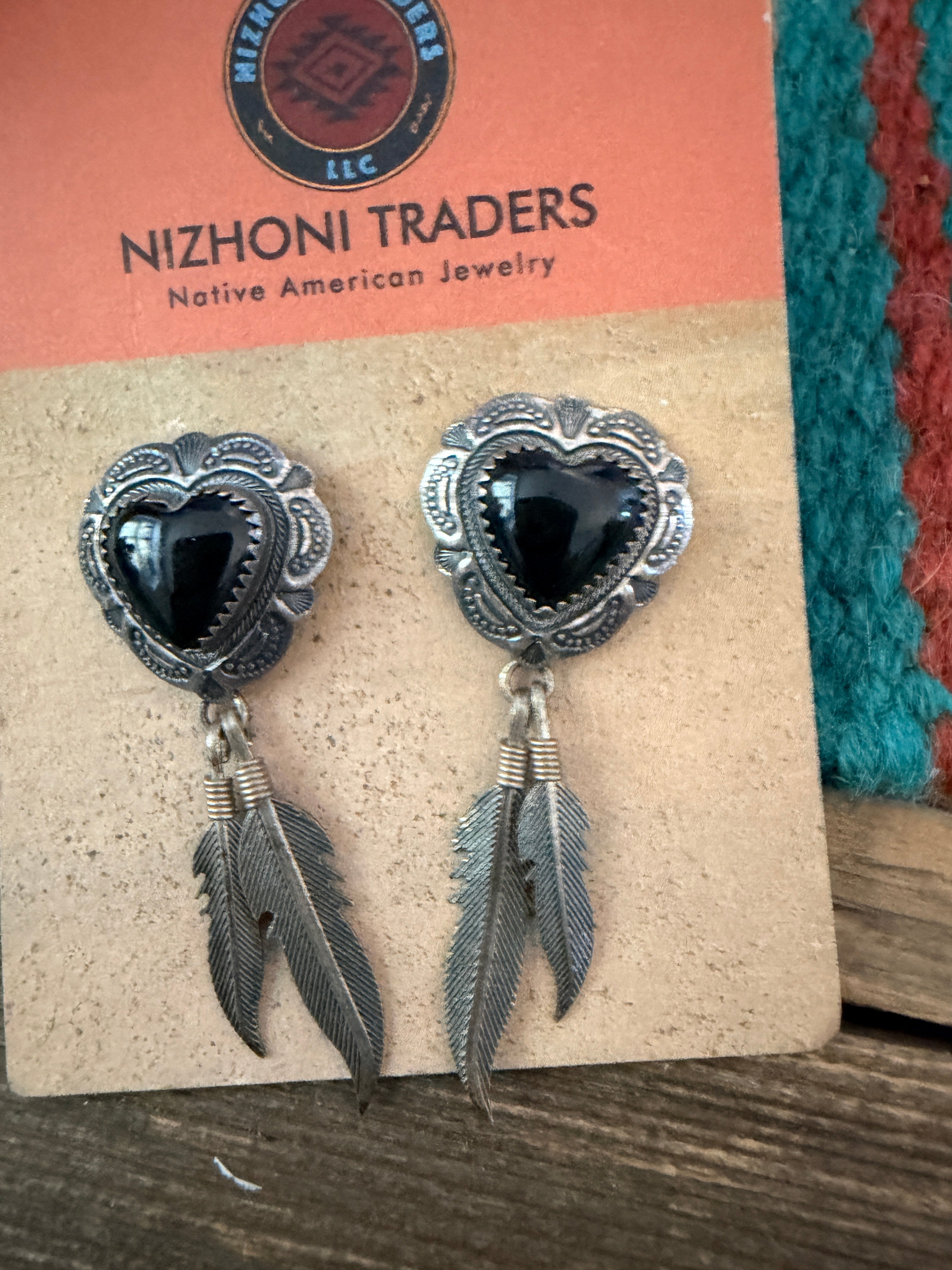 Old Pawn Vintage Handcrafted Onyx & Sterling Silver Heart Dangle Earrings