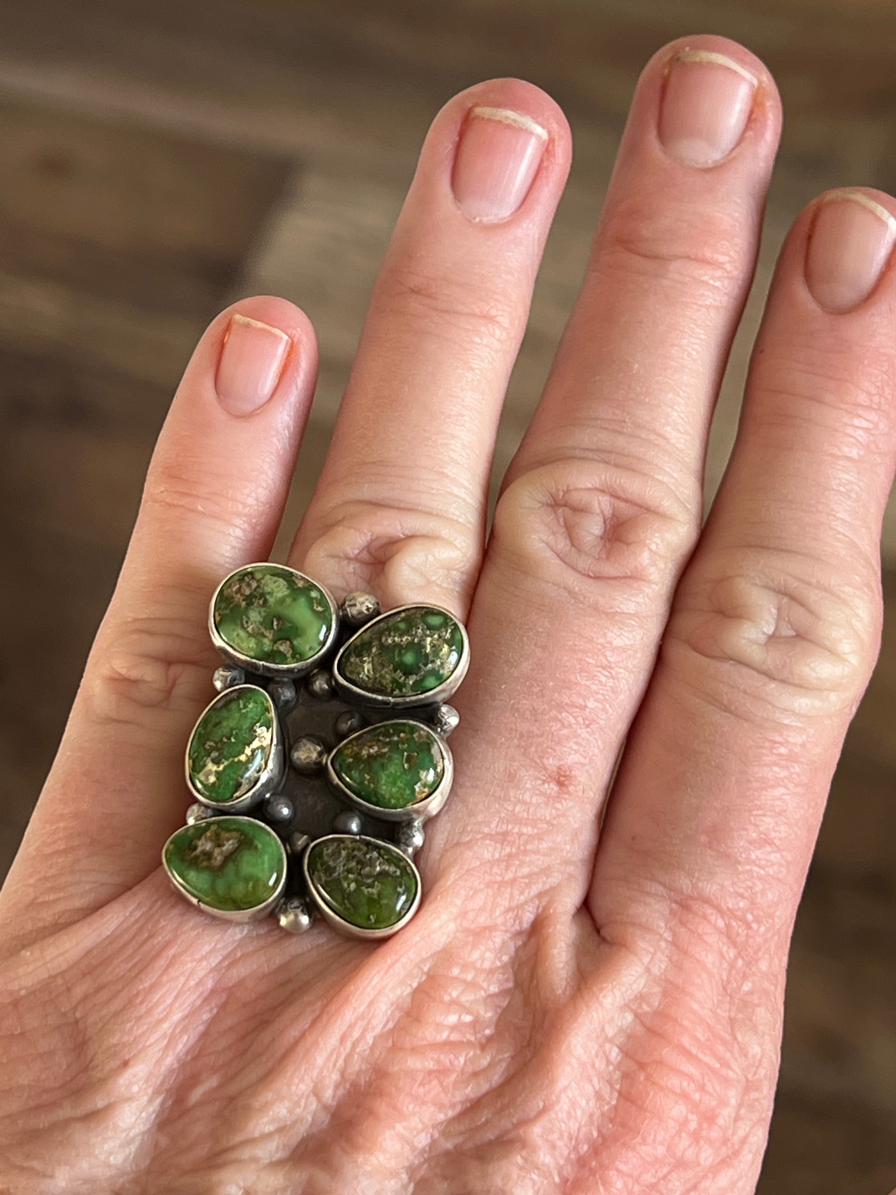 Handcrafted Sterling Silver and Sonoran Gold Turquoise Cluster Rings by Travis Jim, Size 8