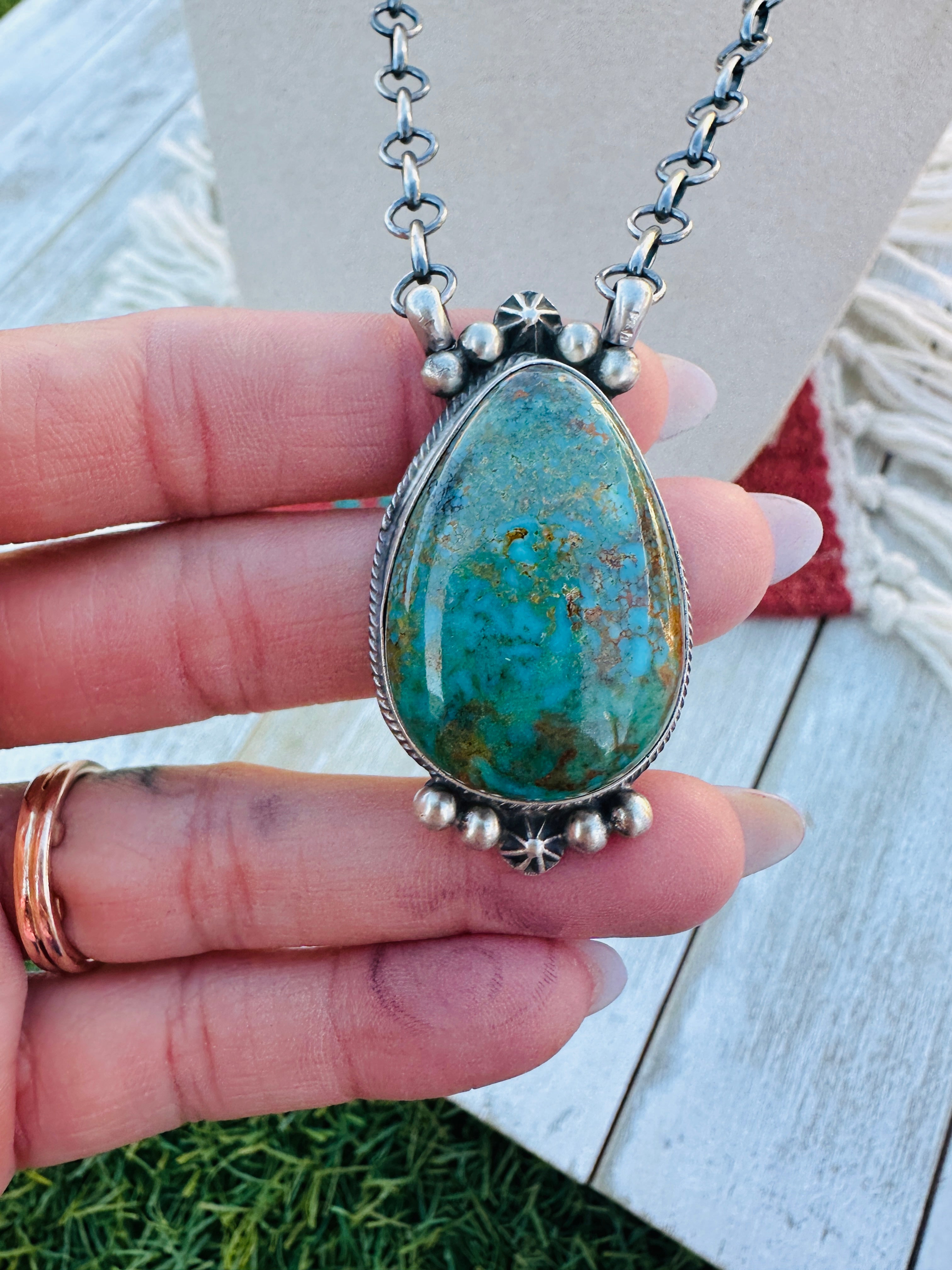 Handcrafted Sterling Silver 18” Link Chain & Turquoise Necklace