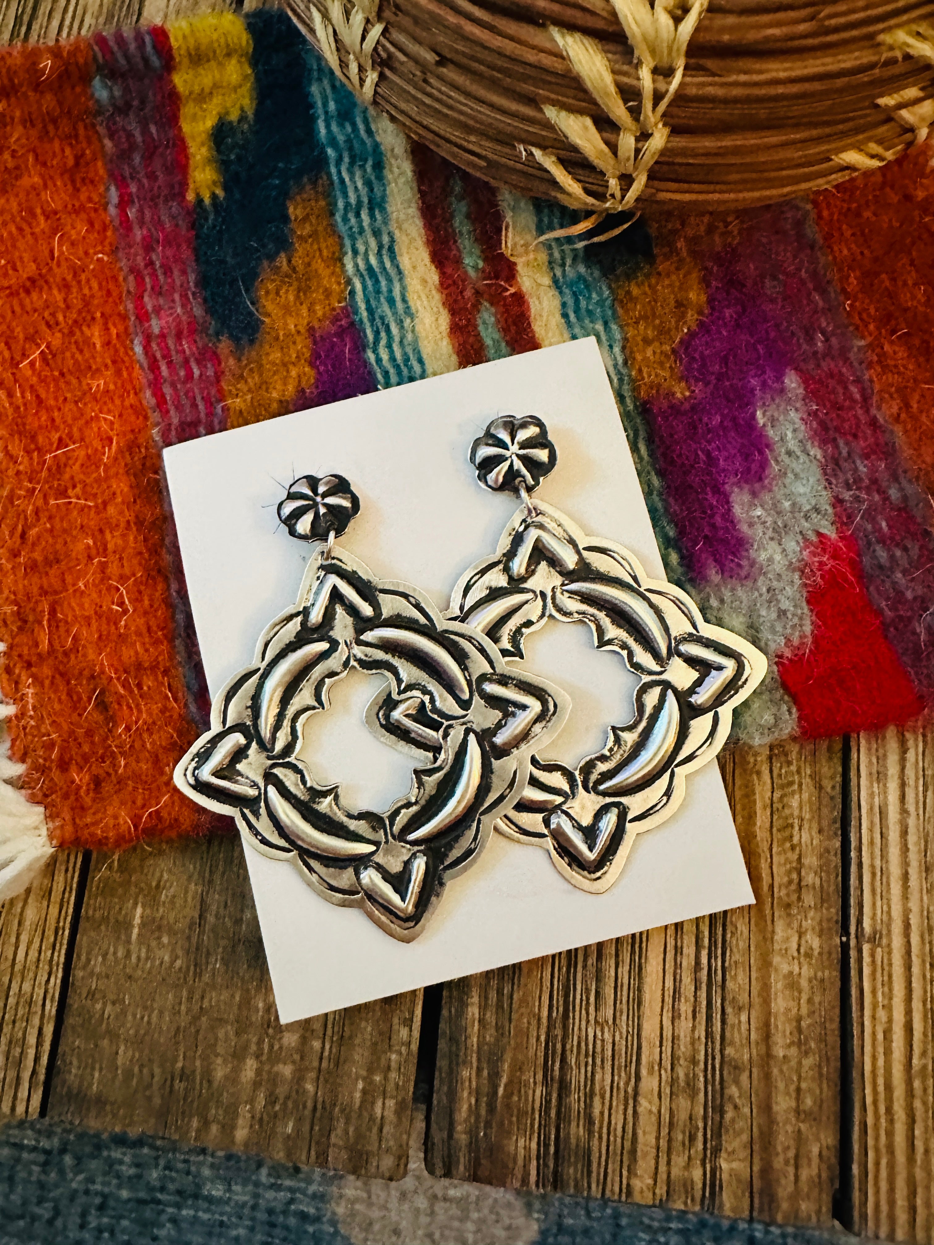 Handcrafted Sterling Silver Concho Dangle Earrings by Leander Tahe