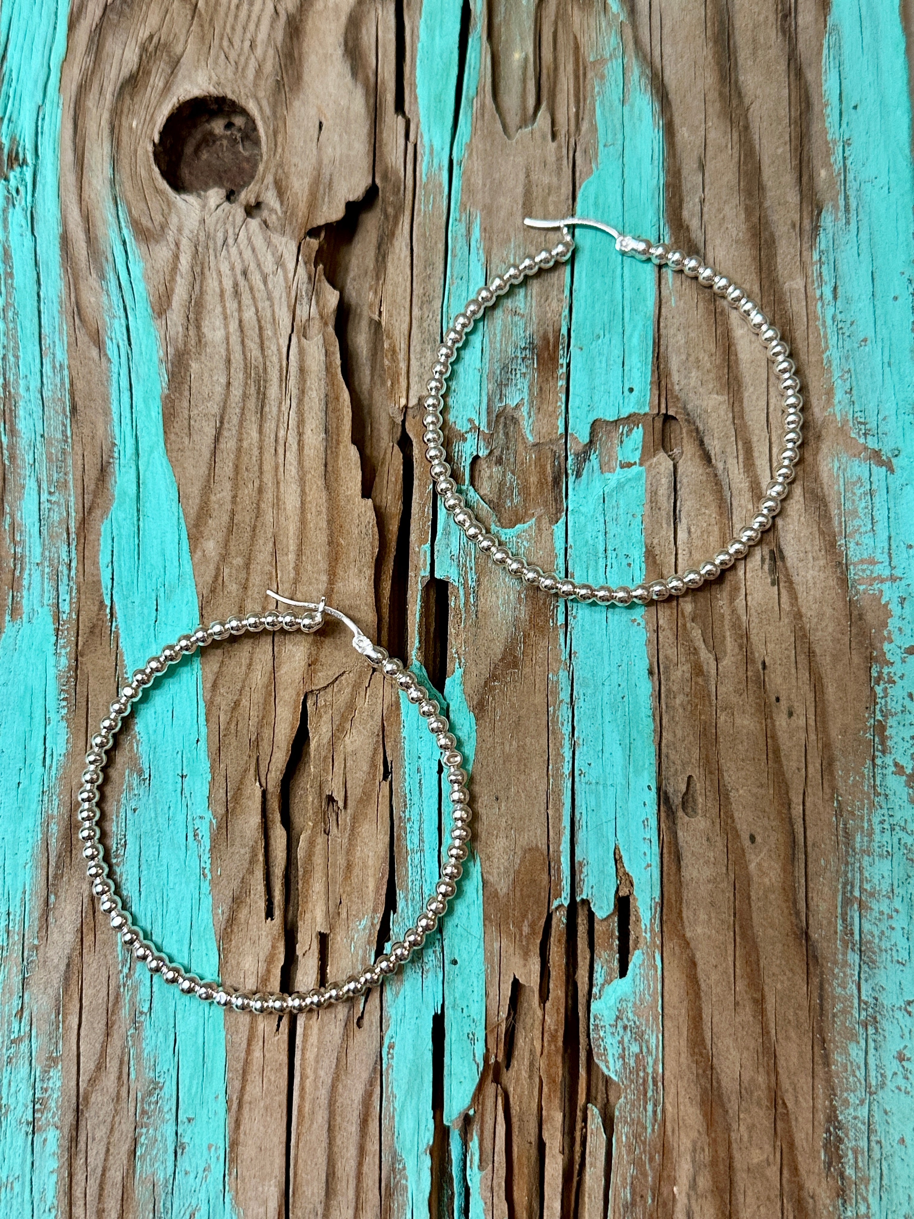 Beaded Hoop Earrings Sterling Silver 2”