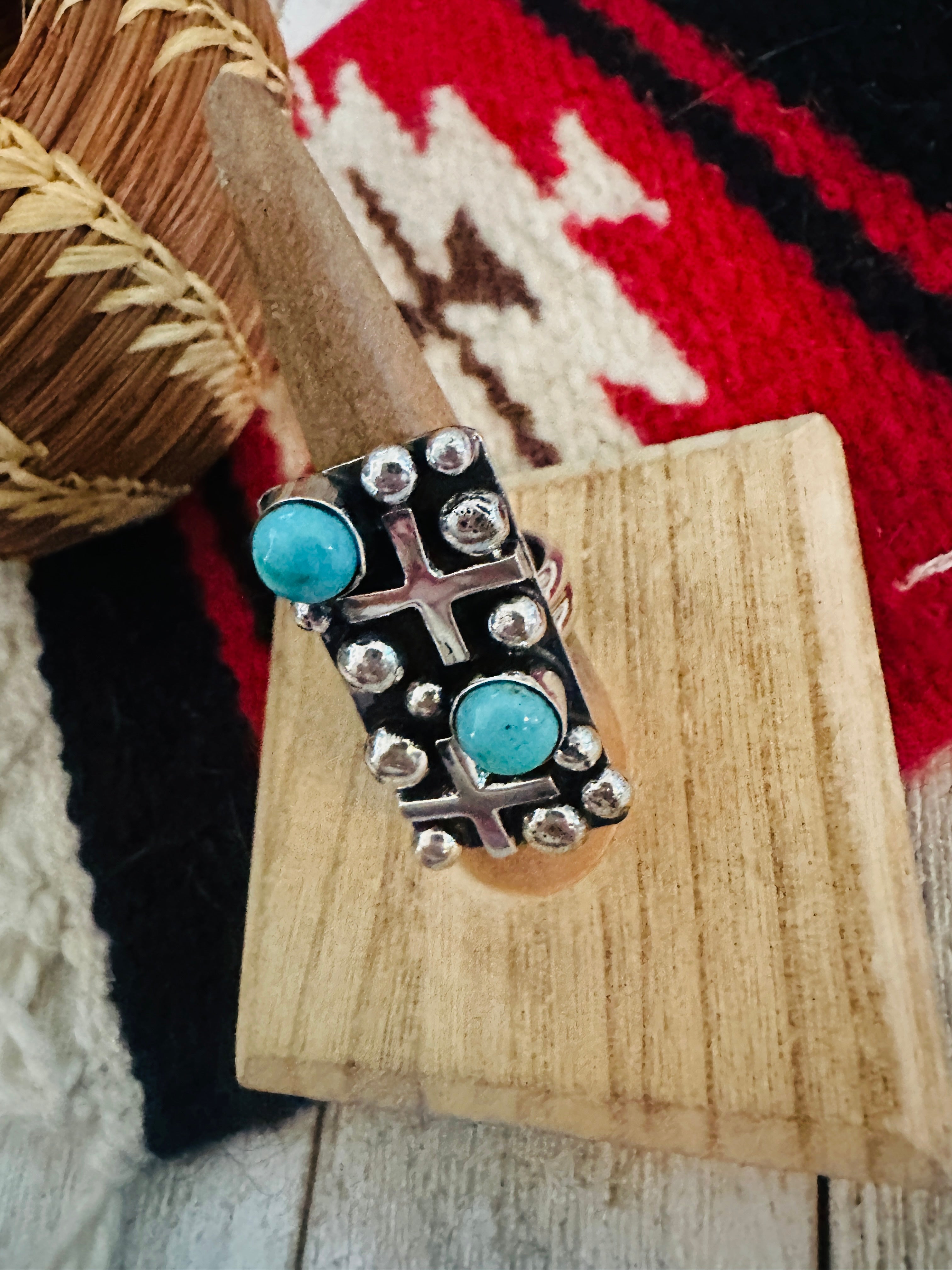 Handcrafted Turquoise & Sterling Silver Cross Ring Chimney Butte