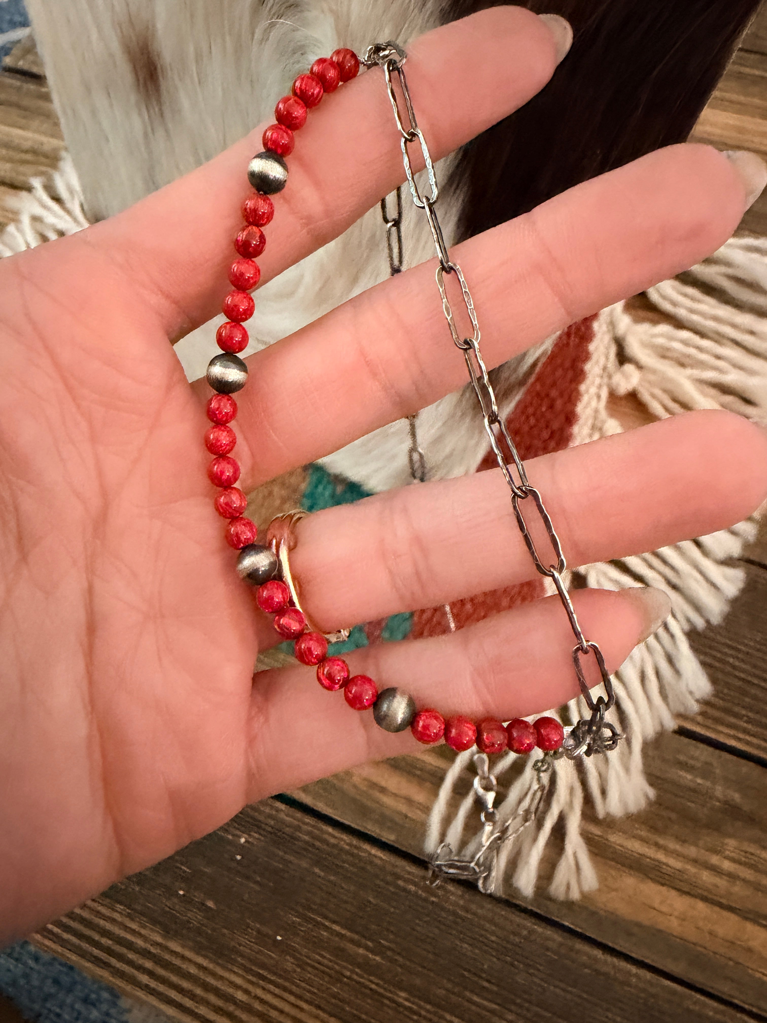 Handmade Sterling Silver & Red Fire Opal Beaded Necklace