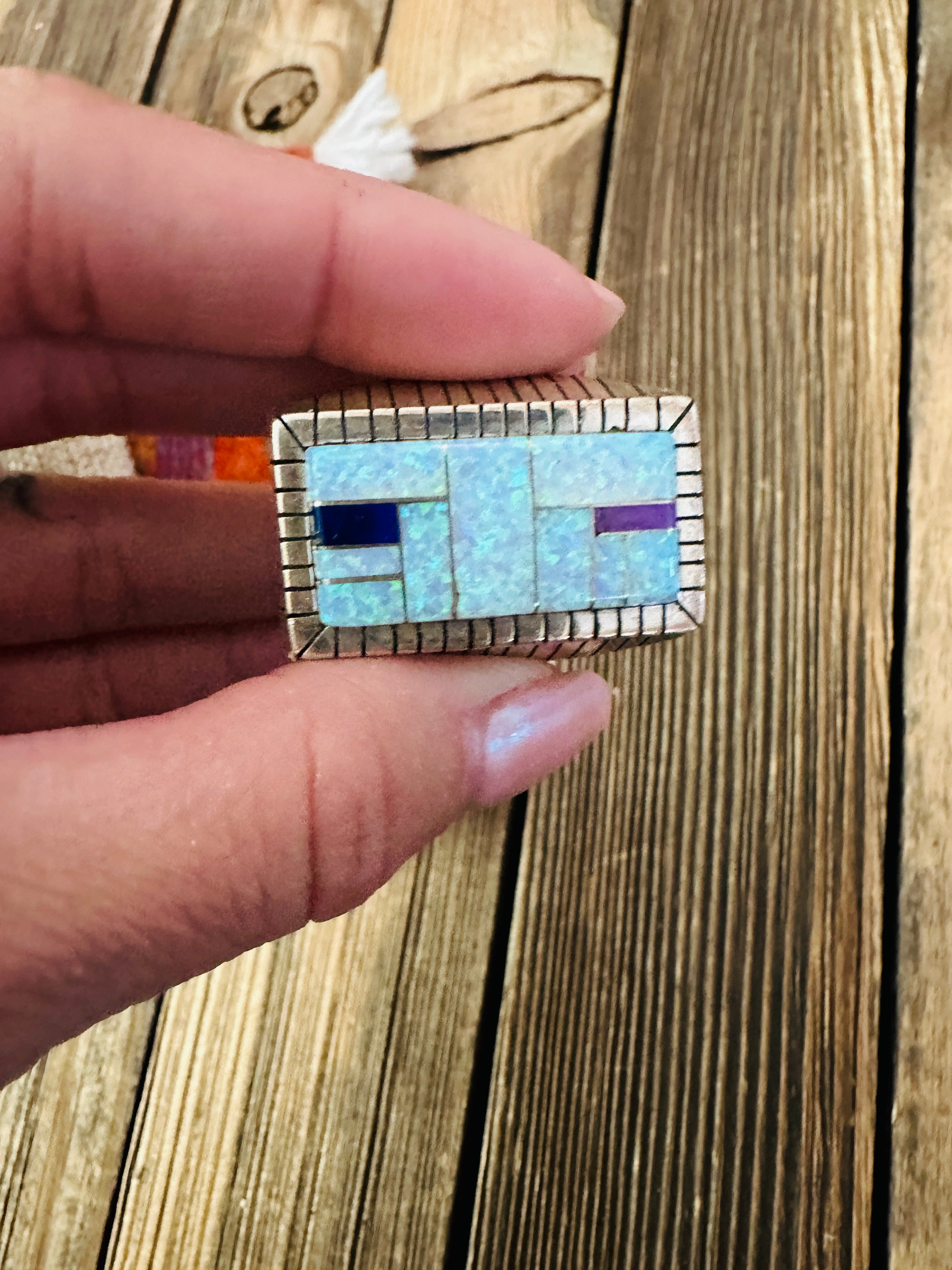 Old Pawn Handcrafted Opal, Lapis, Spiny & Sterling Silver Inlay Ring Size 11.5