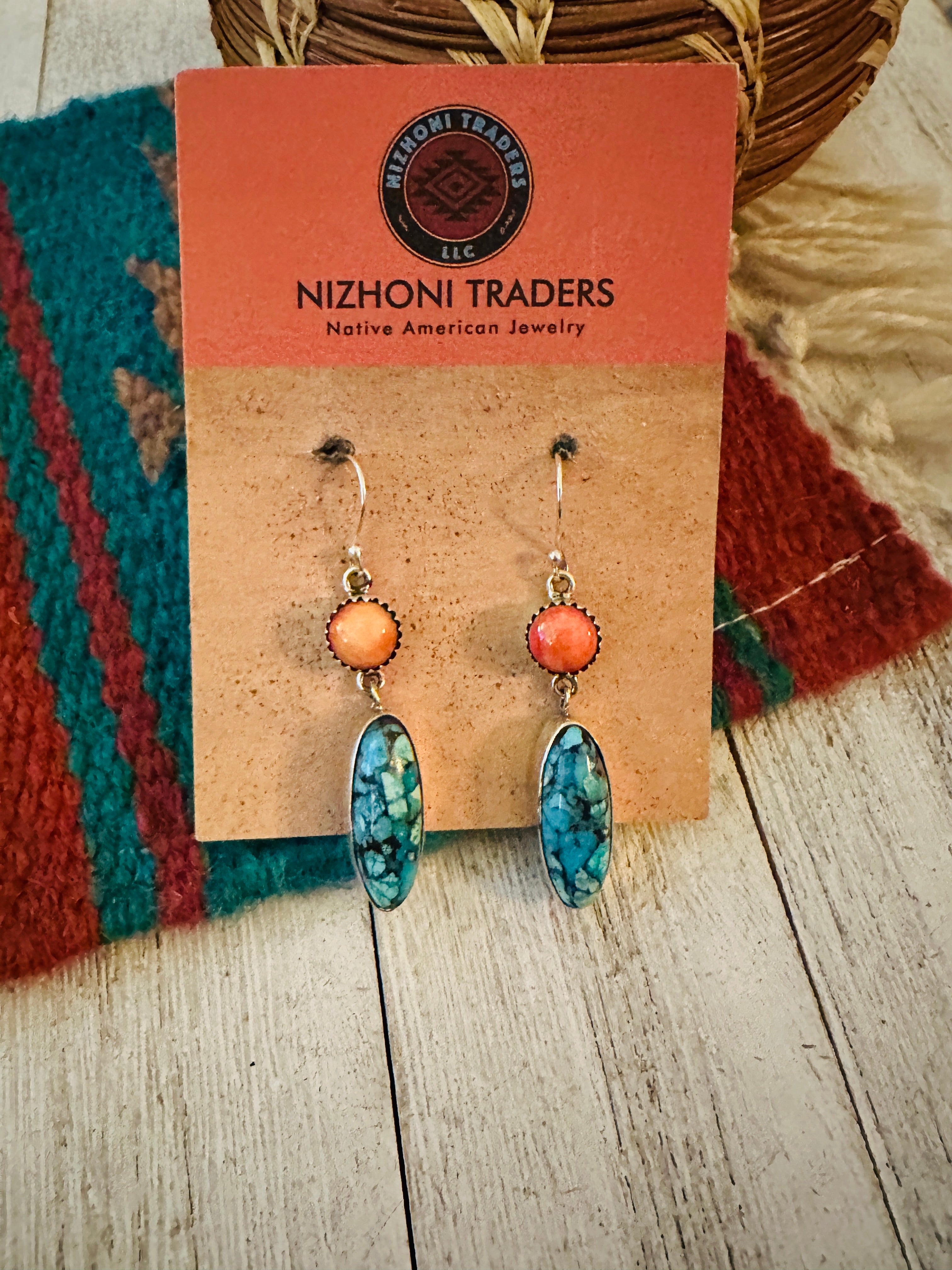 Navajo Turquoise, Spiny and Sterling Silver Dangle Earrings