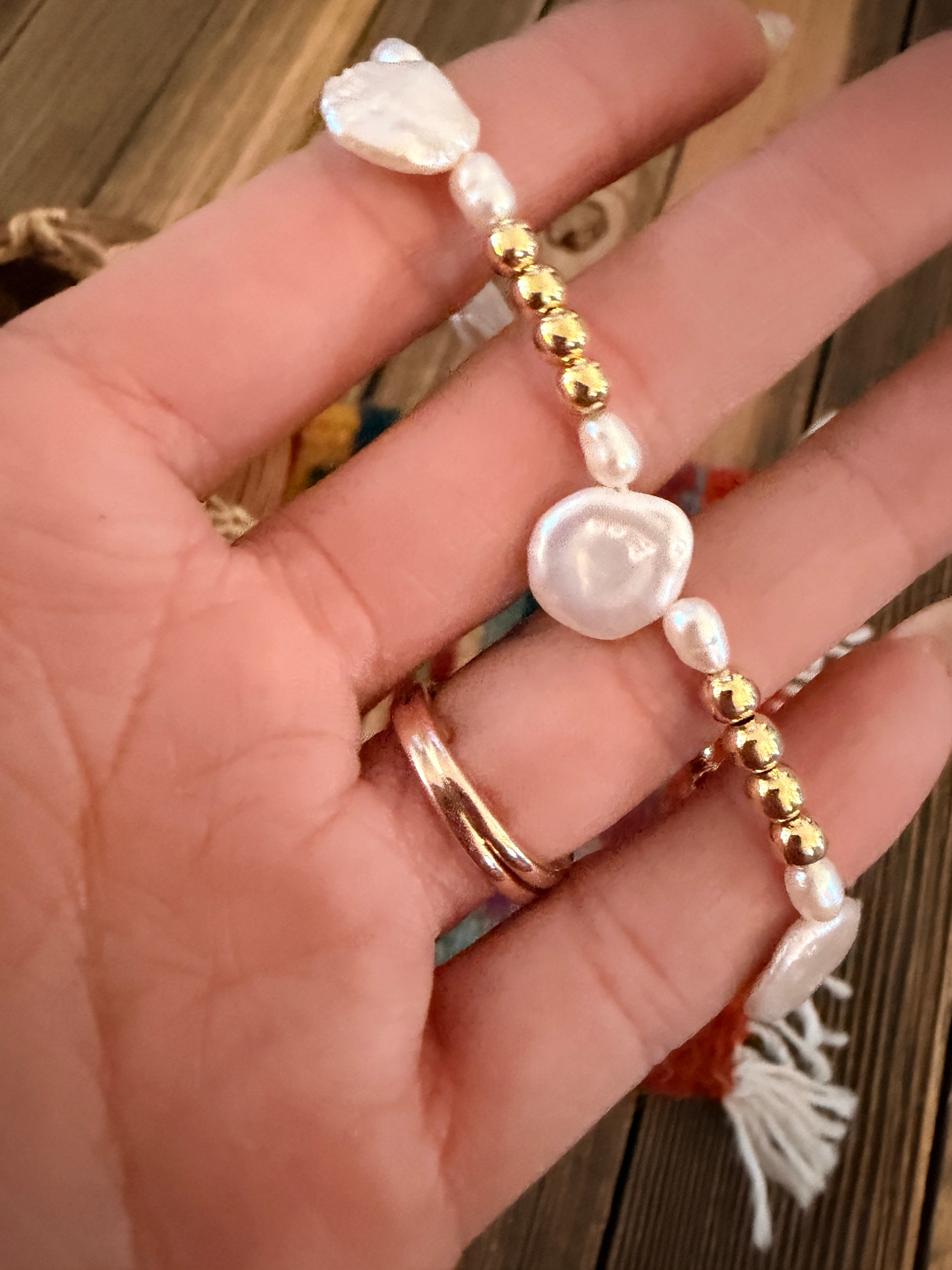 Handcrafted Mother of Pearl & Gold-Plated Sterling Silver Pearl Beaded Stretch Bracelet