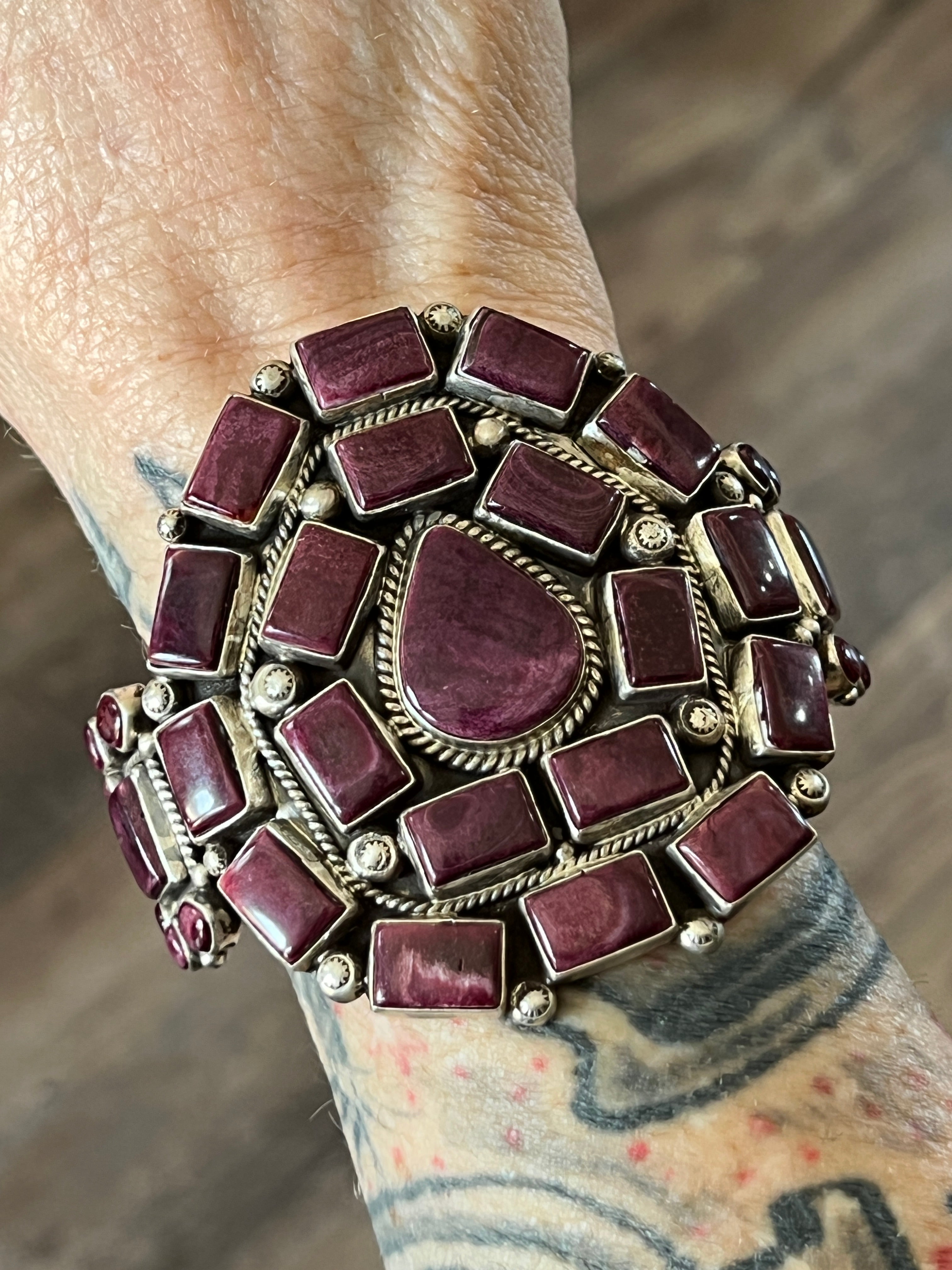 Handcrafted Sterling Silver and Purple Spiny Oyster Cuff Bracelet by Tyler Brown /
