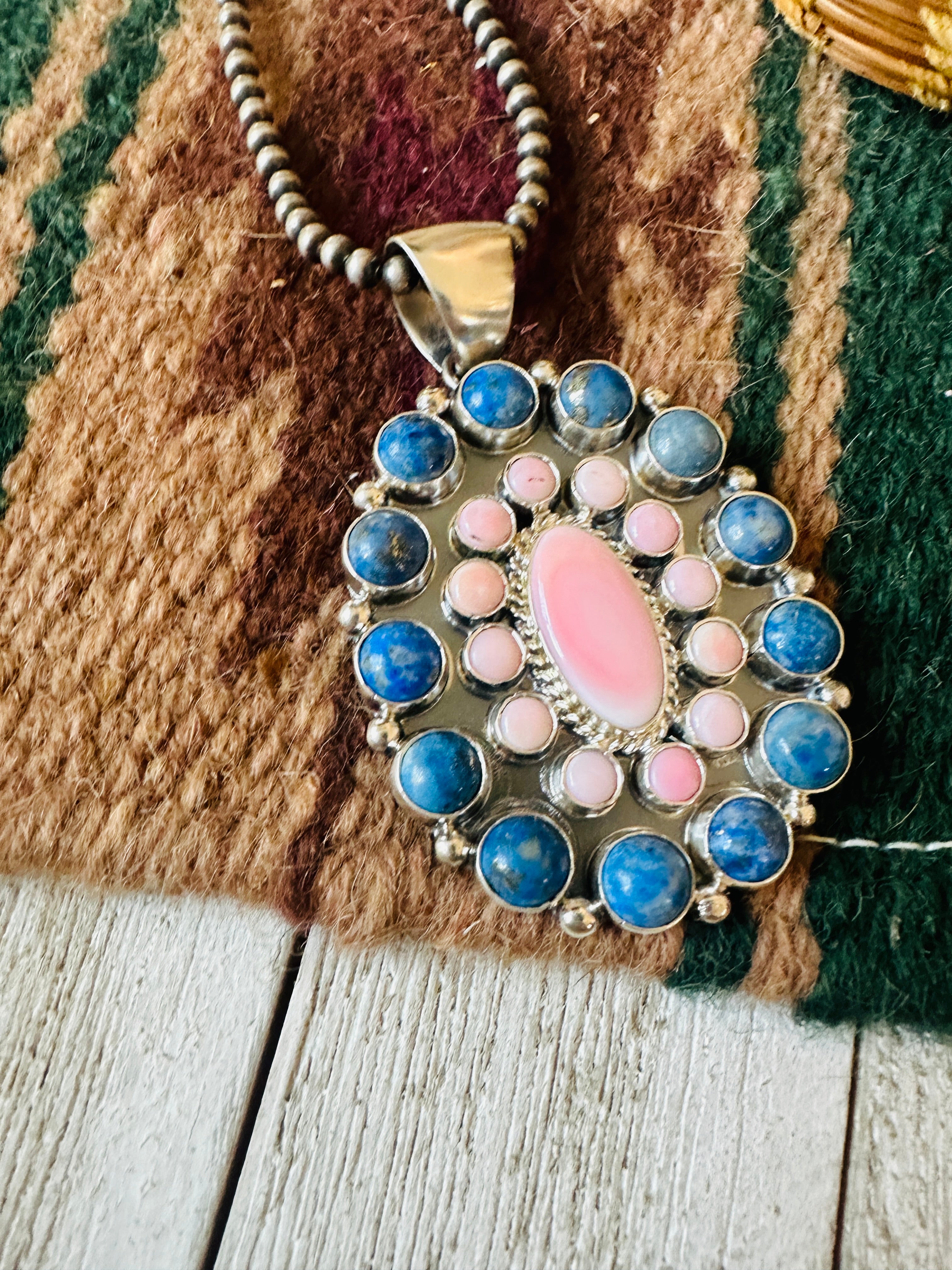 Navajo Queen Pink Conch, Lapis & Sterling Silver Cluster Pendant