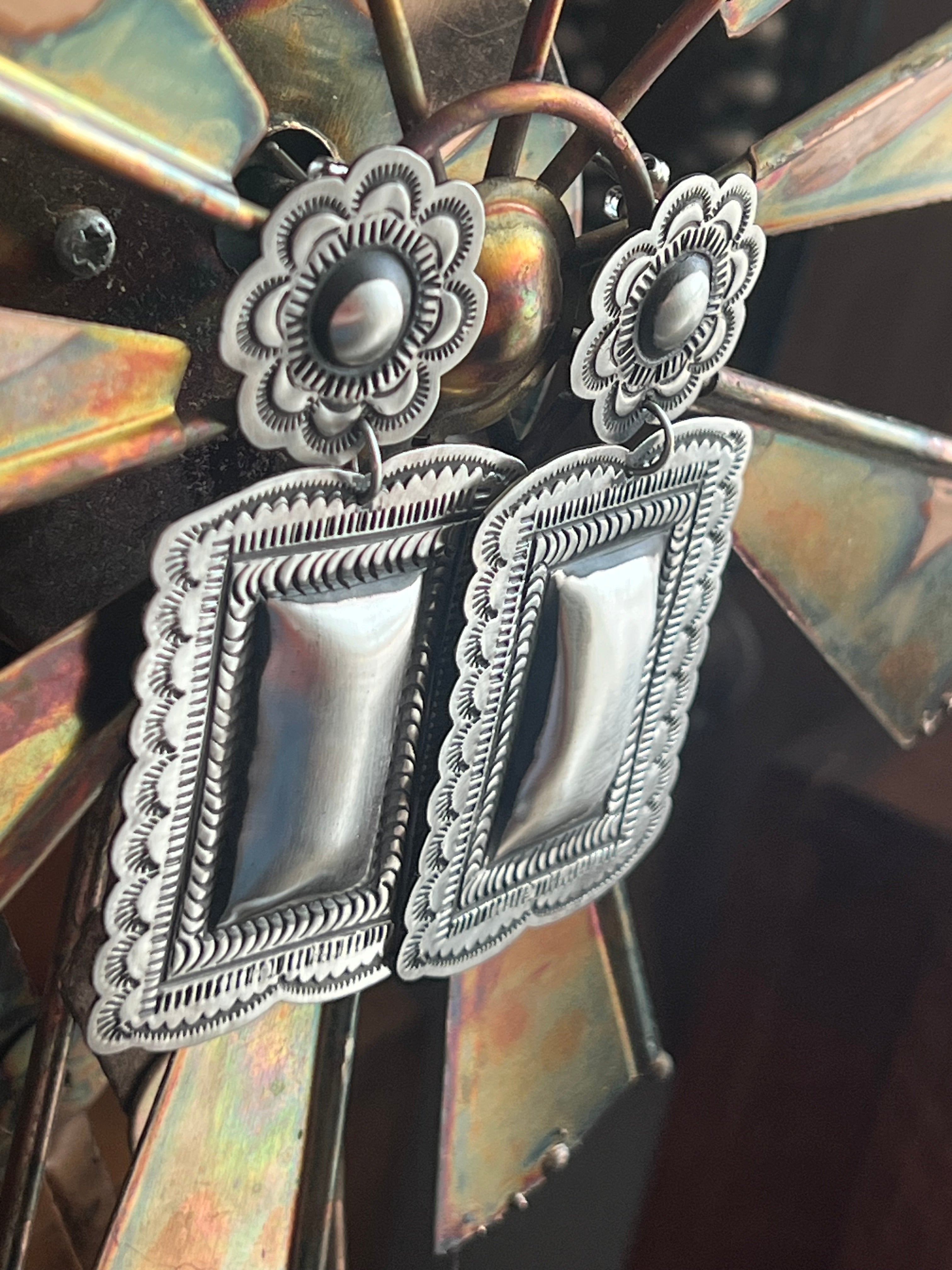 Handcrafted Sterling Silver Stamped Repousse Rectangle Earrings by Leander Tahe, R2