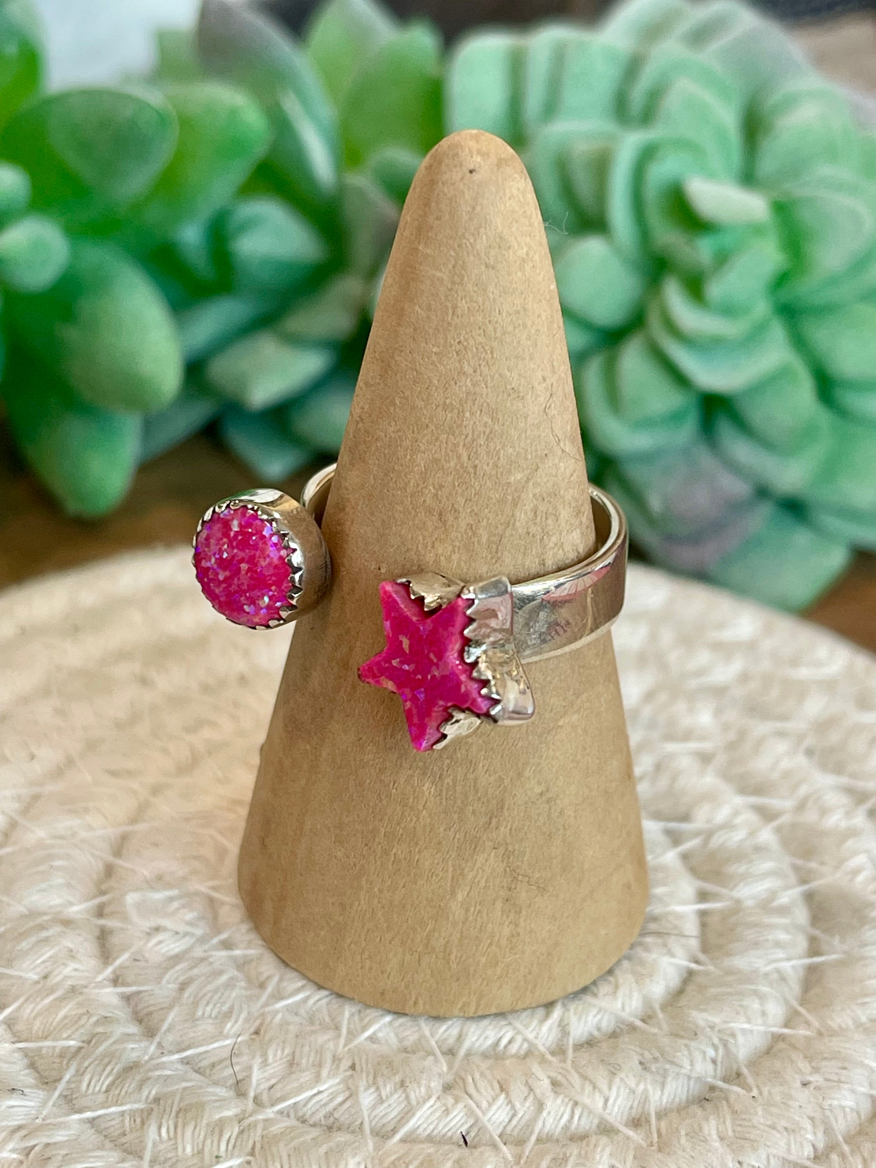 Handmade Hot Pink Fire Opal & Sterling Silver Adjustable Star Ring