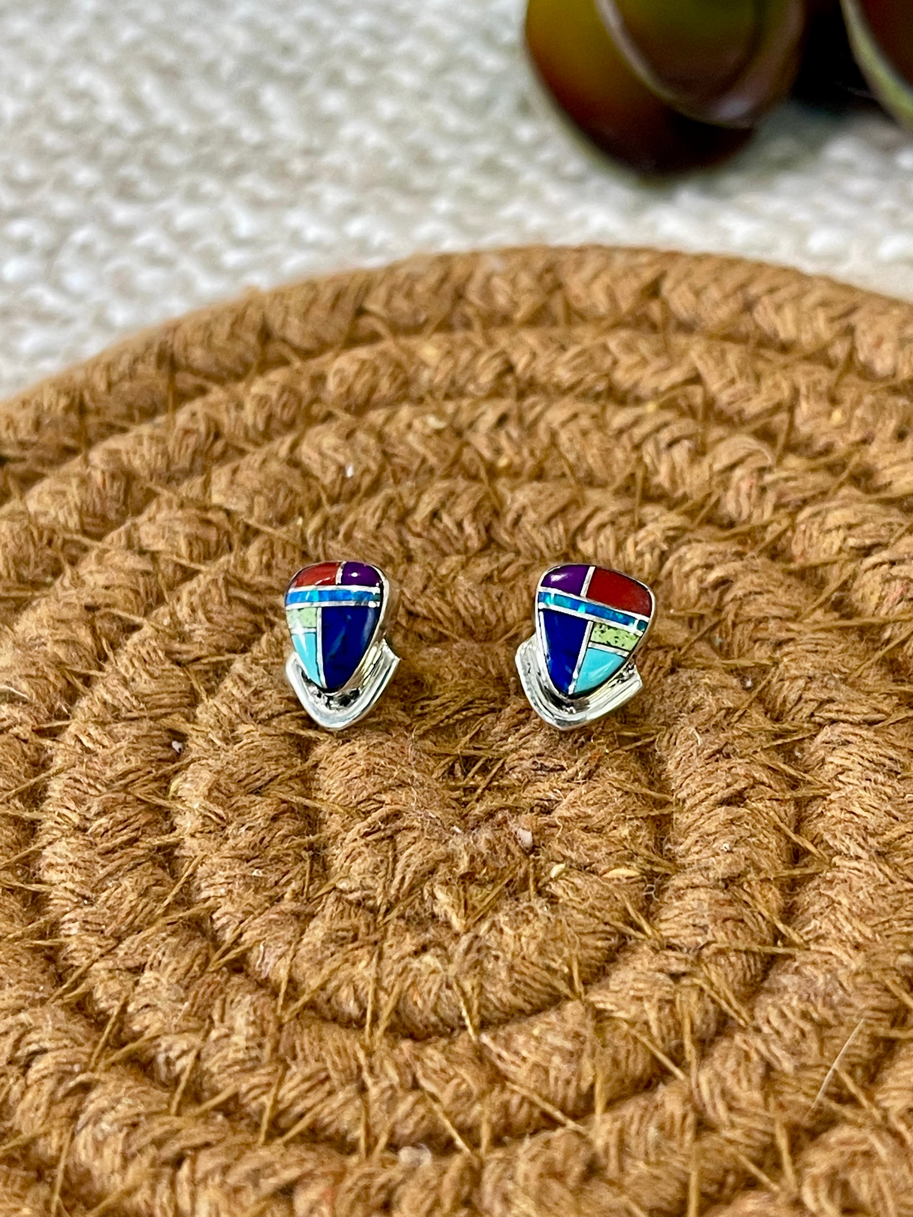 Beautiful Handmade Sterling Silver & Multi Stone Inlay Stud Earrings