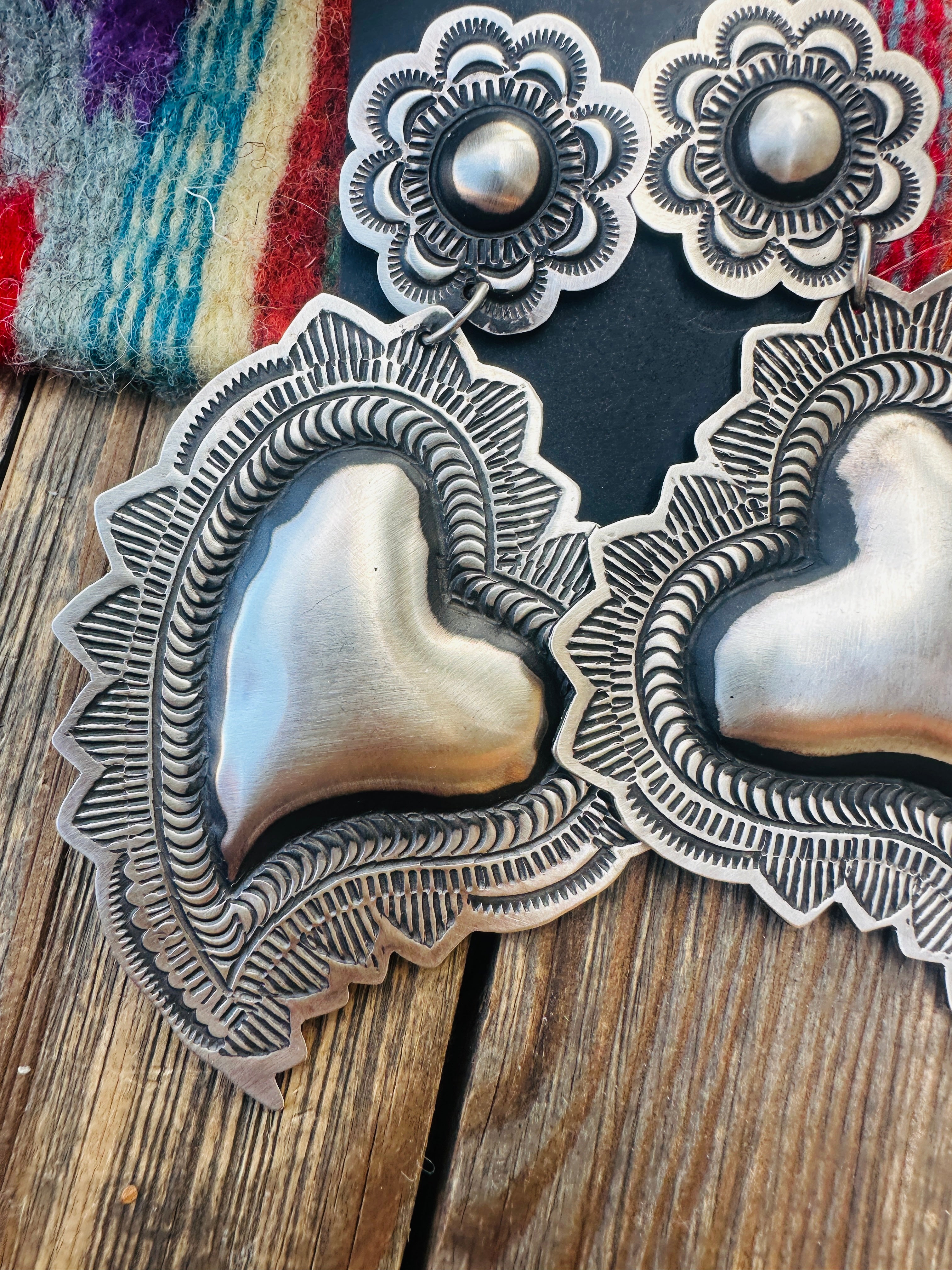Handcrafted Sterling Silver Concho Heart Dangle Earrings by Leander Tahe