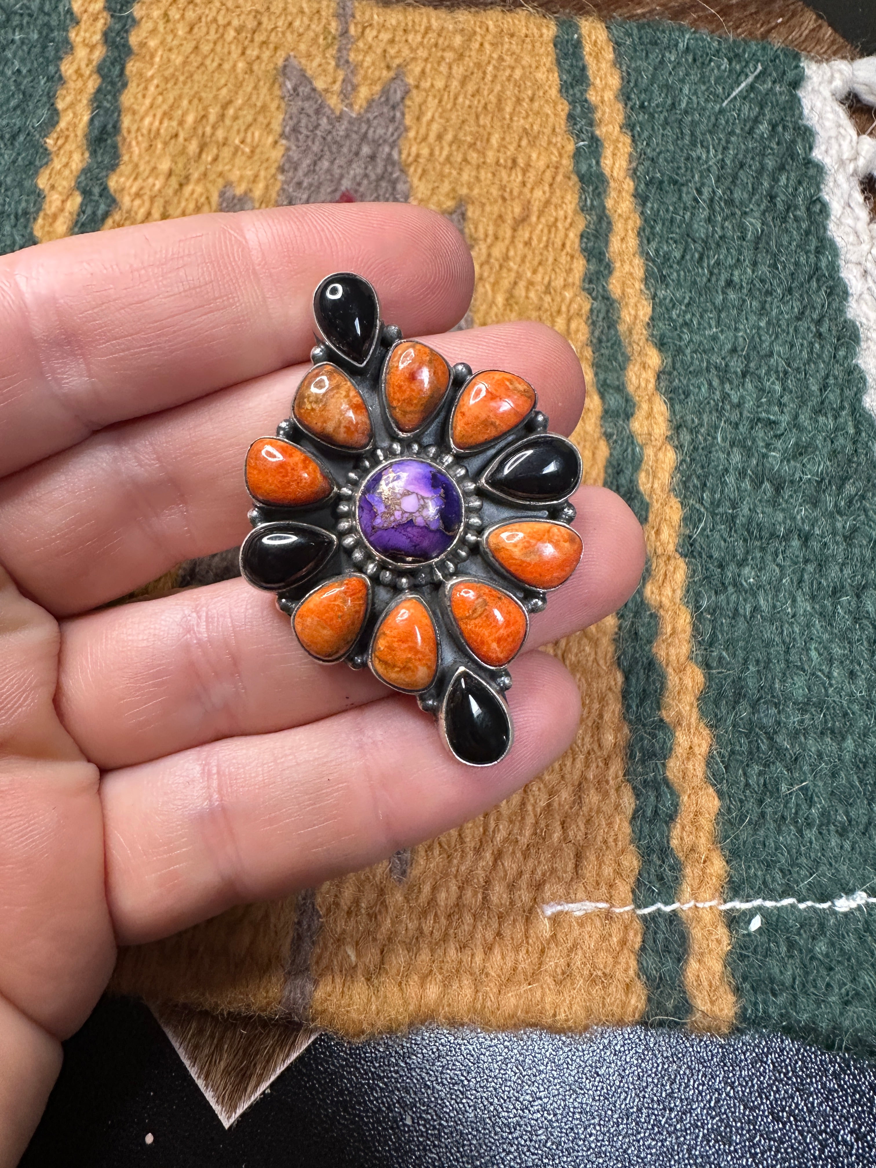 Beautiful Handmade Violet Frost, Orange Mojave, Onyx And Sterling Silver Adjustable Cluster Ring