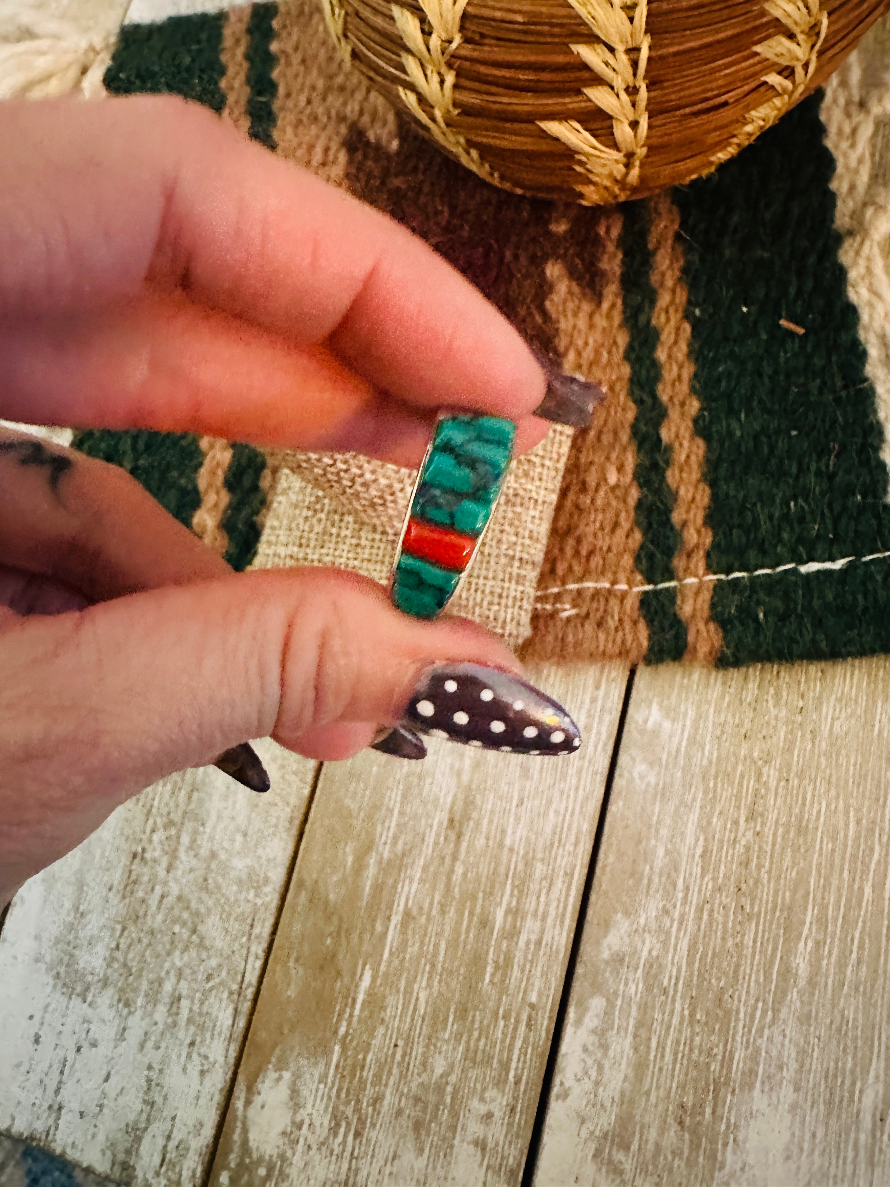 Old Pawn Handcrafted Turquoise, Coral & Sterling Silver Band Ring Size 6