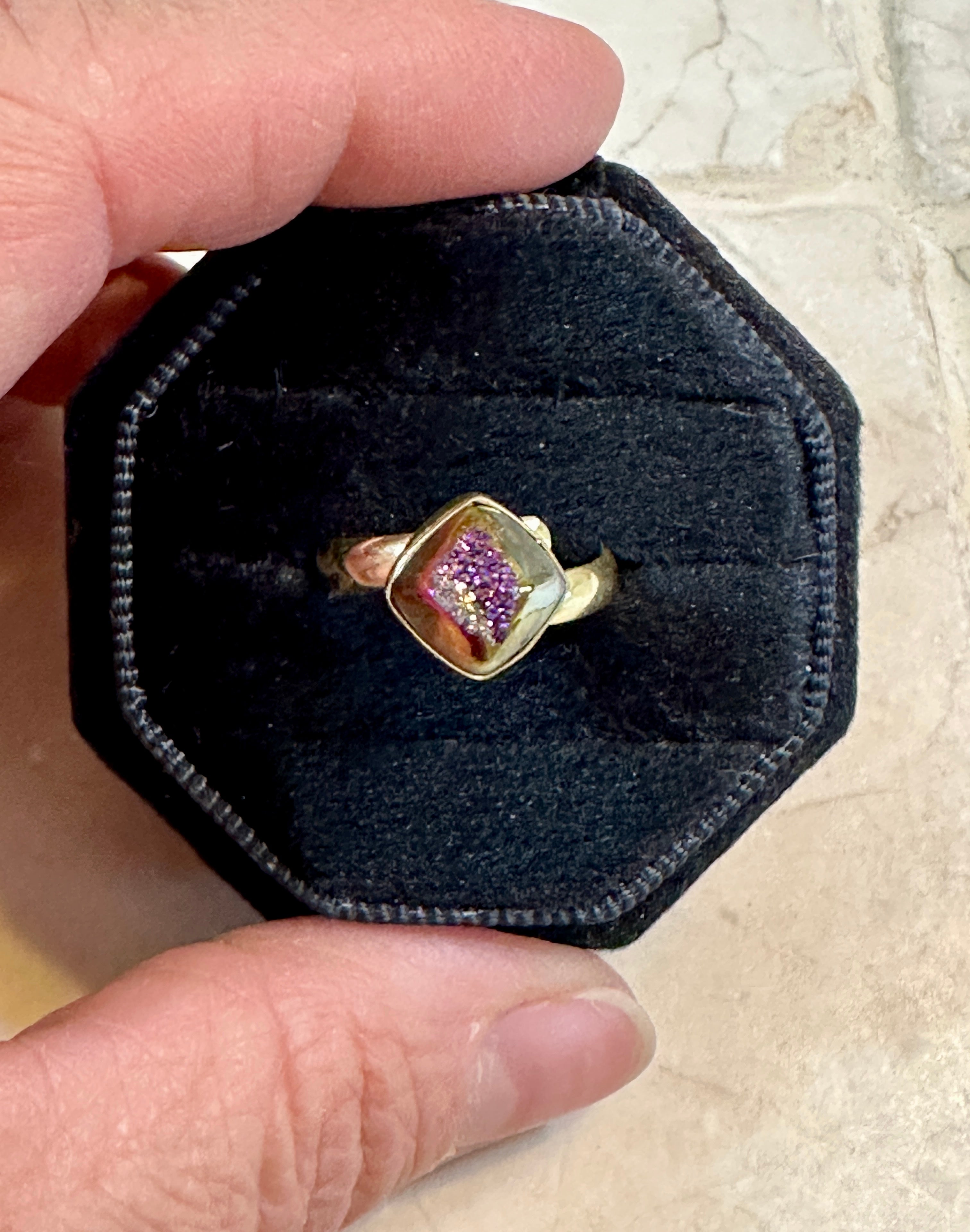 “The Boho Collection” Handmade Purple Druzy Adjustable Ring with Signed Nizhoni