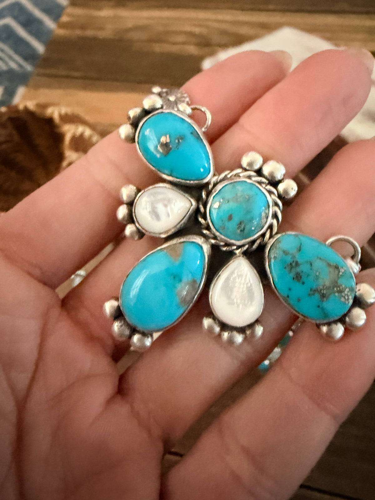 Handcrafted Turquoise, Mother of Pearl & Sterling Silver Cluster Necklace and Earring Set by Fred Francis