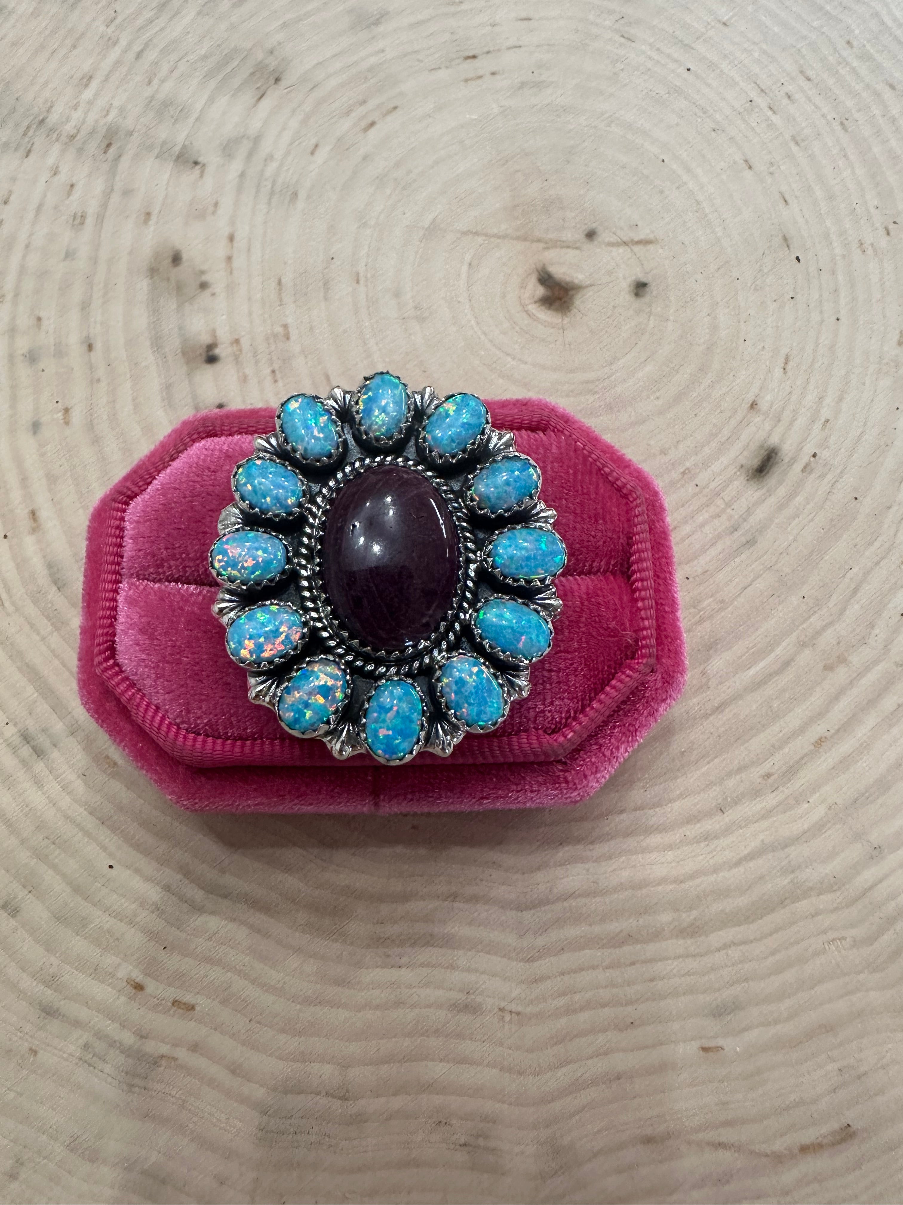 Handmade Purple Spiny, Light Blue Fire Opal And Sterling Silver Adjustable Ring Signed Nizhoni