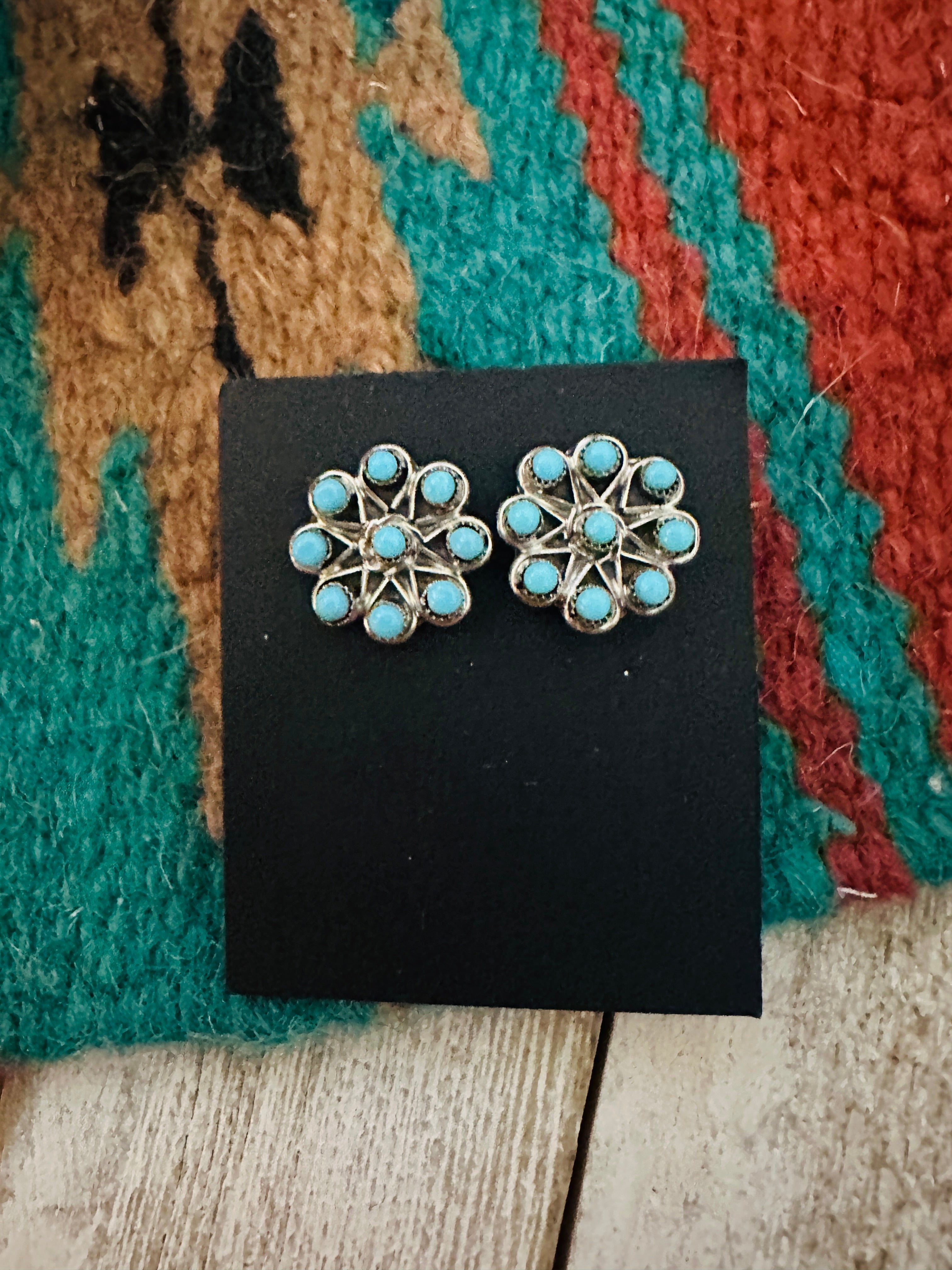 Zuni Turquoise & Sterling Silver Petit Point Stud Earrings