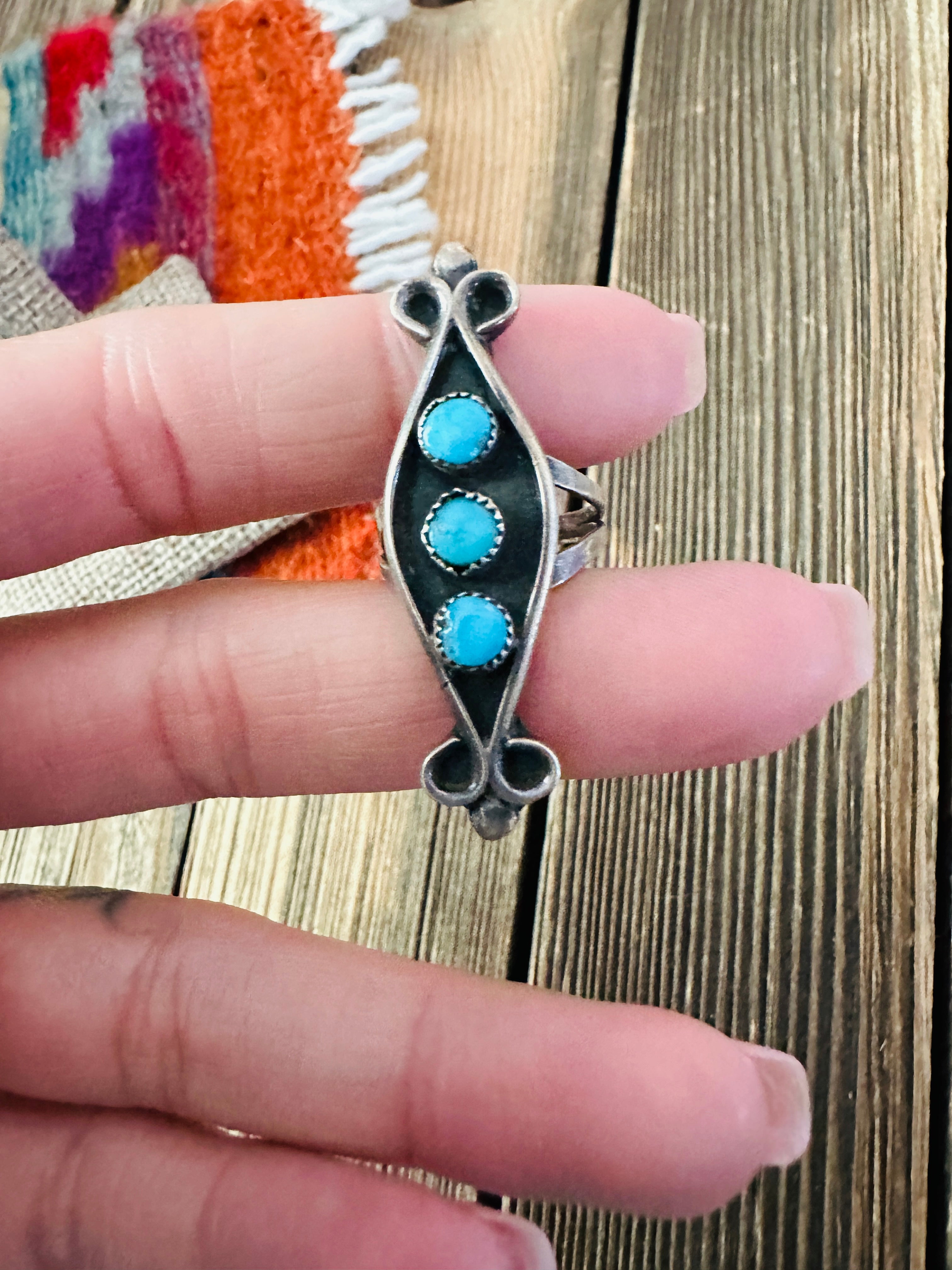 Old Pawn Handcrafted Turquoise & Sterling Silver Shadowbox Ring Size 4.5