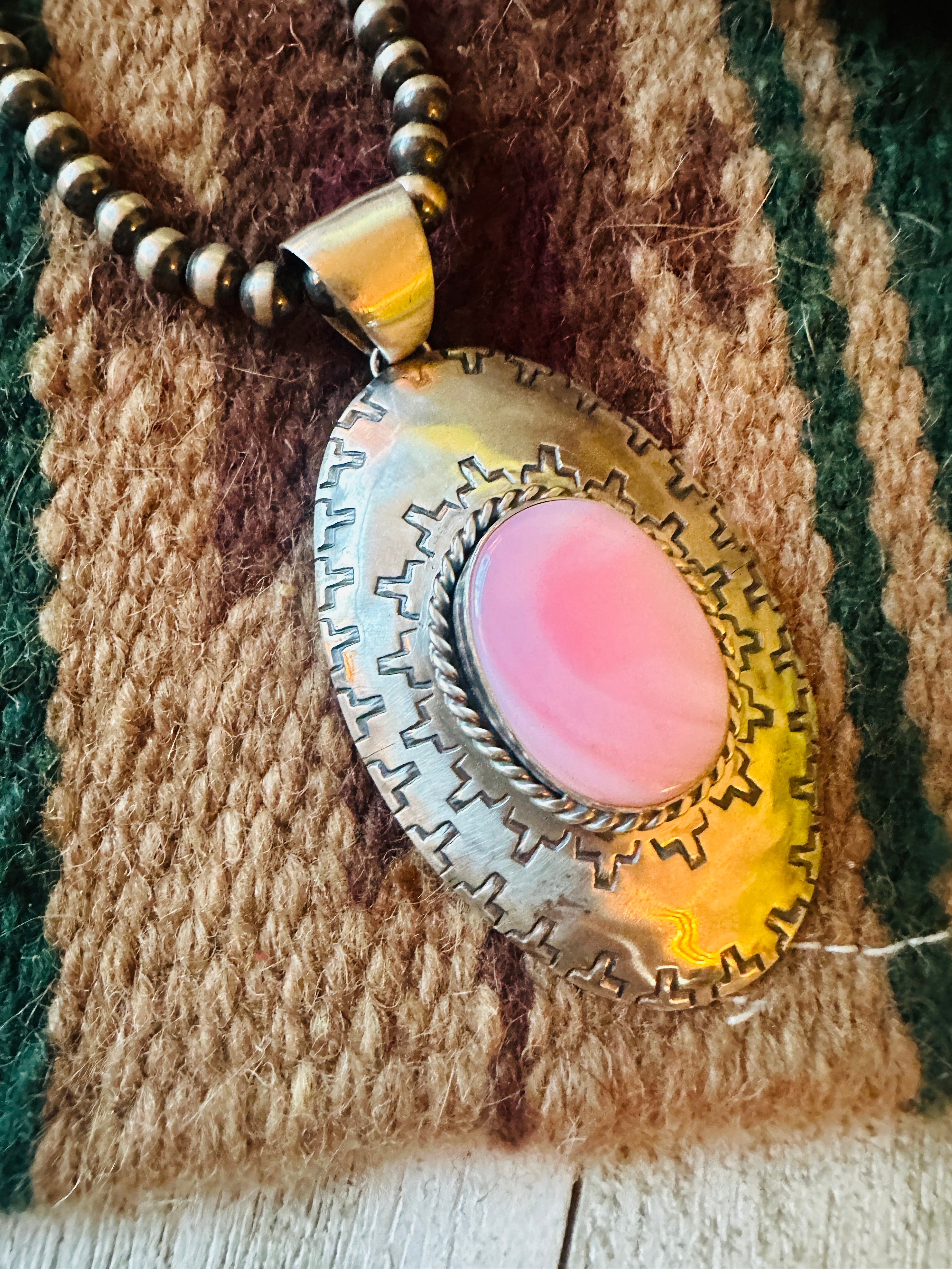 Navajo Queen Pink Conch Shell & Sterling Silver Concho Pendant