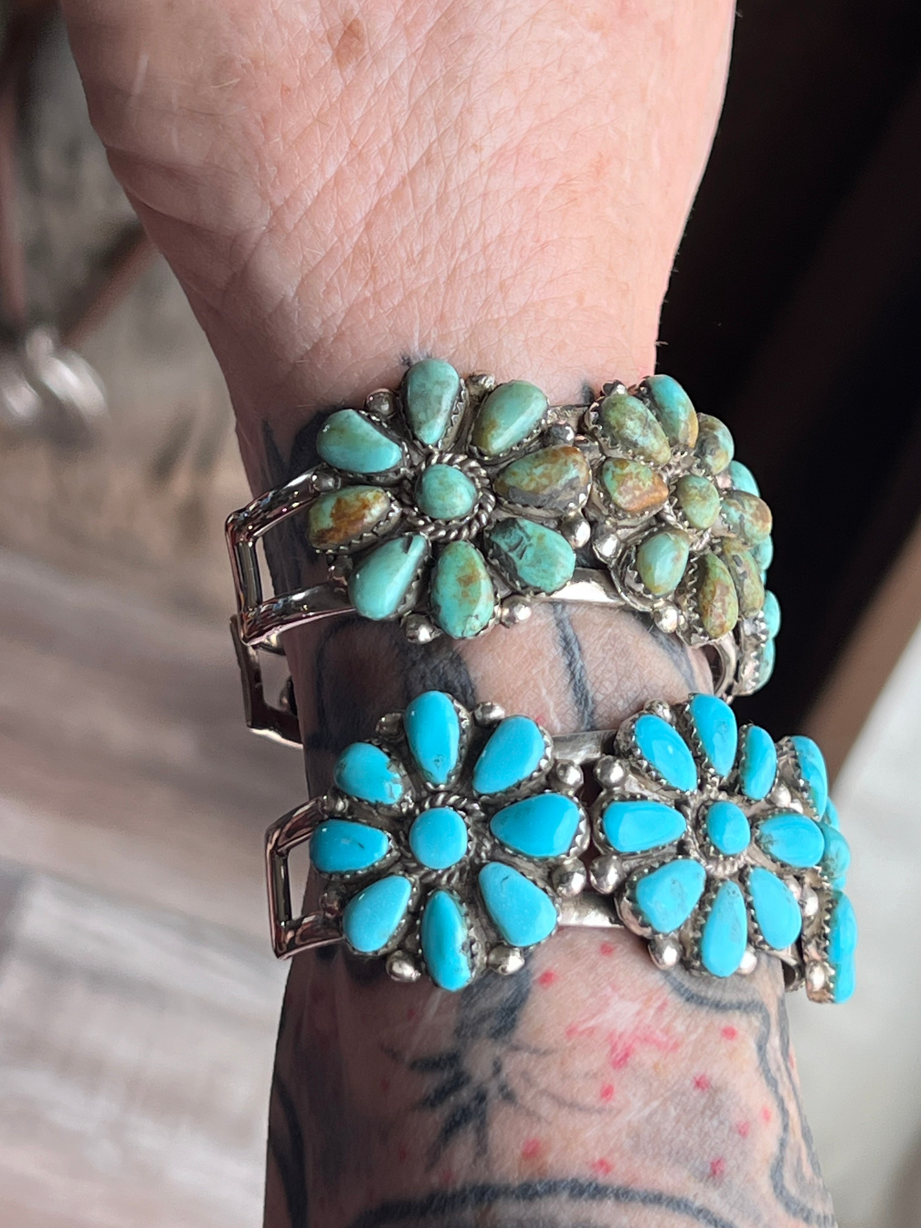 Handcrafted Old Pawn Sterling Silver and Mixed Turquoise Daisy Cluster Cuff Bracelet, Signed MA /