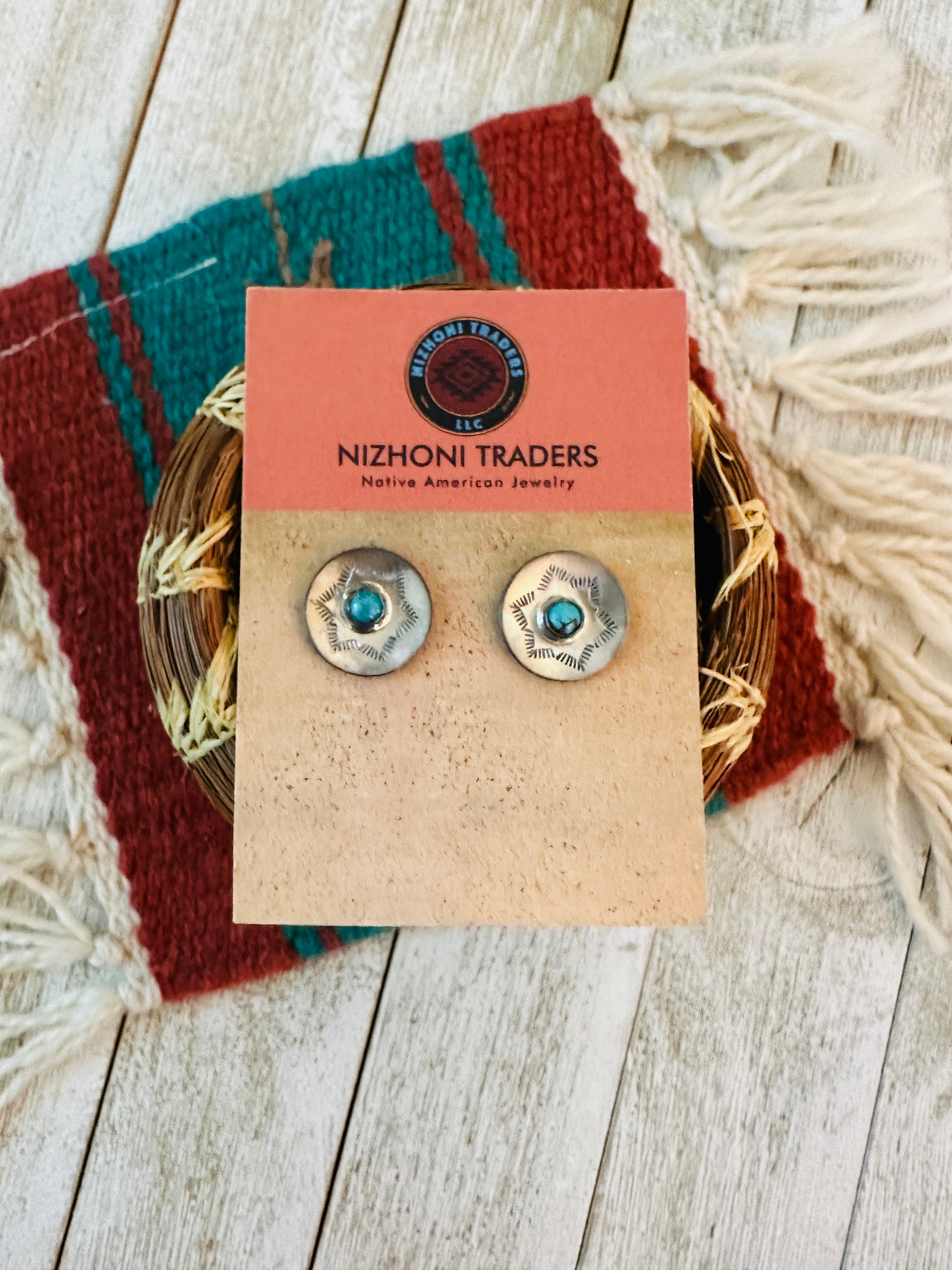 Handcrafted Sterling Silver & Turquoise Concho Stud Earrings