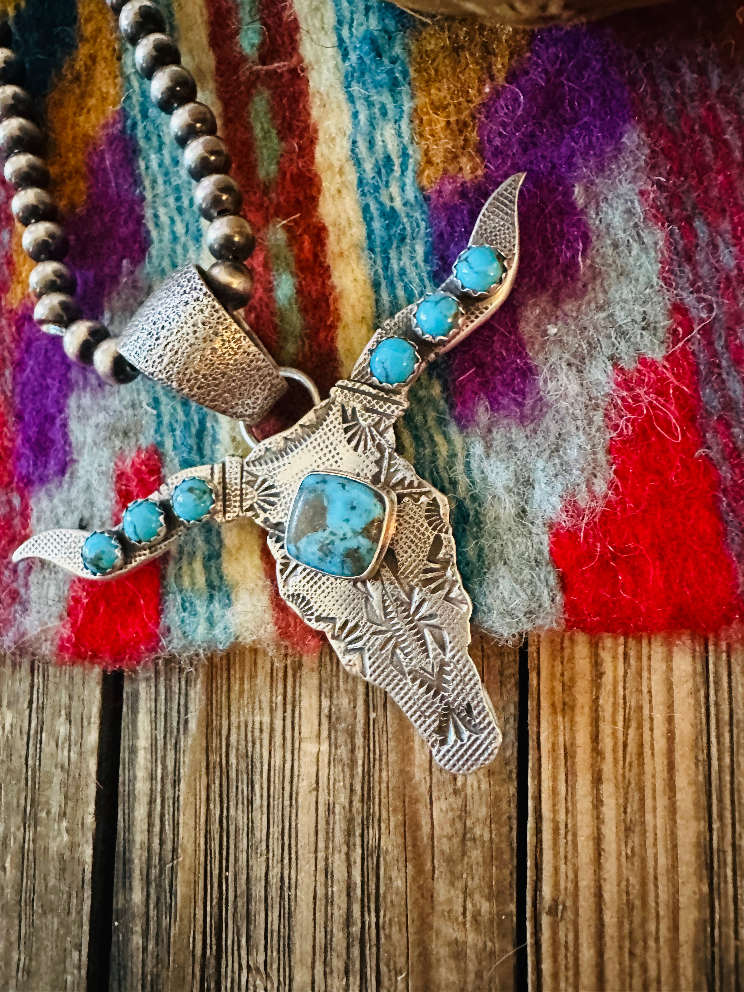 Handcrafted Sterling Silver & Turquoise Bullhead Pendant by Leroy James