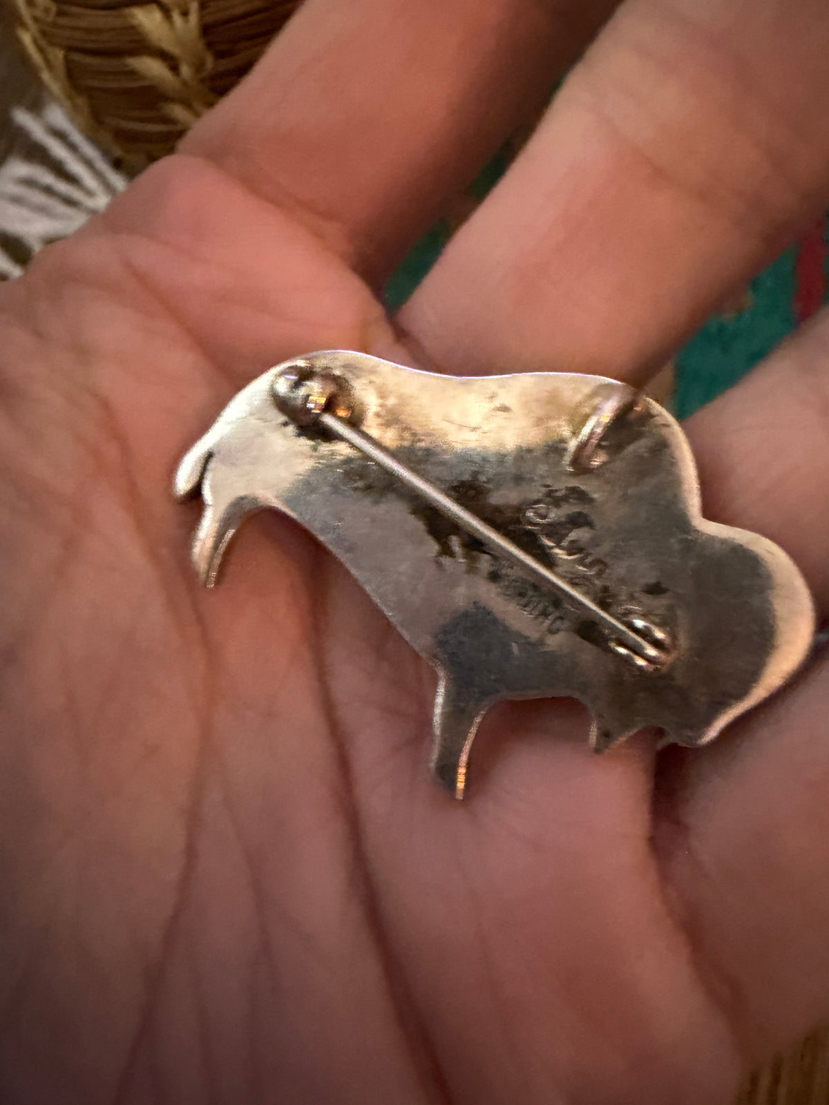 Old Pawn Handcrafted Multi Stone & Sterling Silver Inlay Buffalo Pendant/Brooch