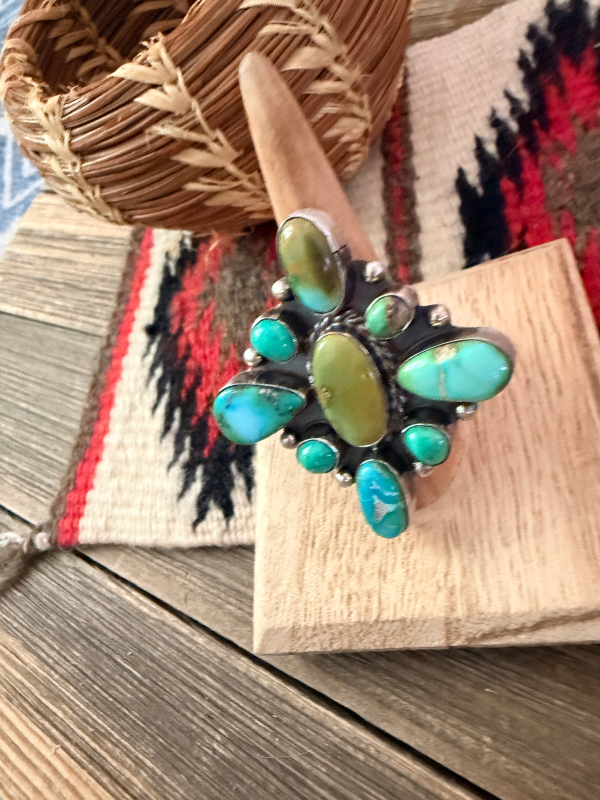 Handcrafted Turquoise & Sterling Silver Cluster Adjustable Ring