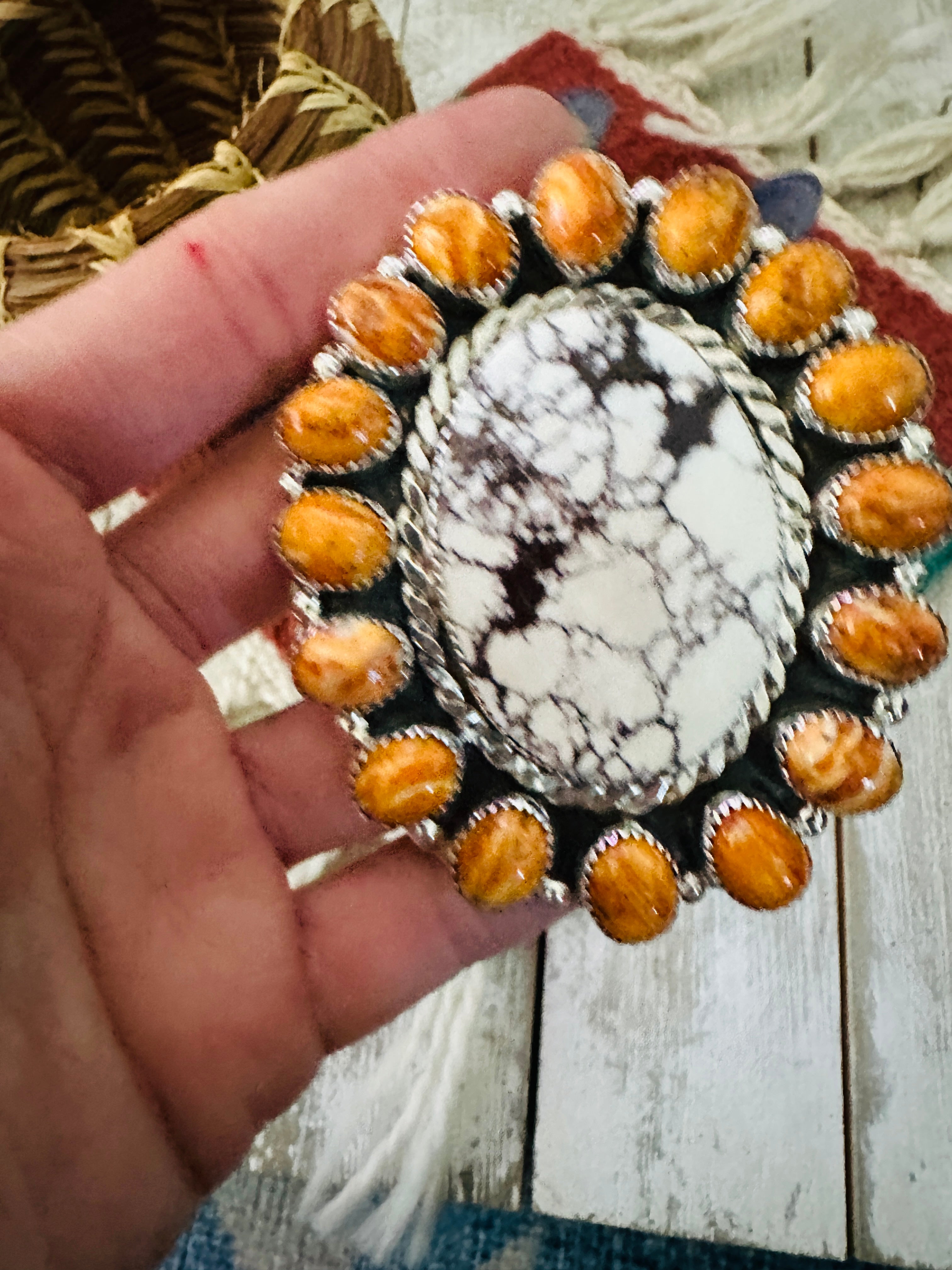 Handcrafted Wild Horse, Spiny Oyster & Sterling Silver Cluster Ring Size 9.5