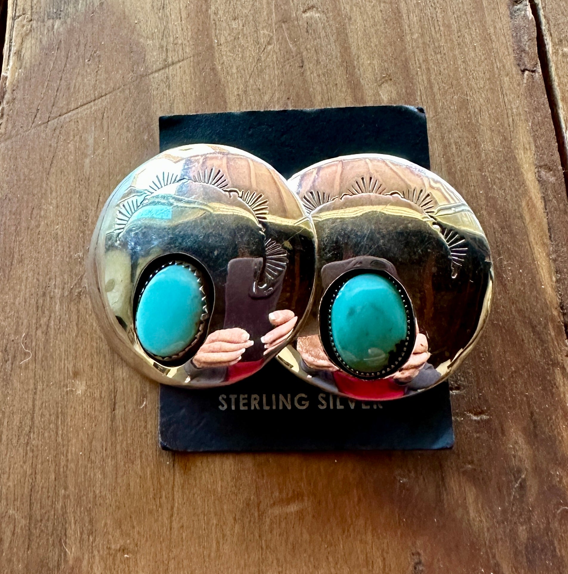 Navajo Hand Stamped Sterling Silver & Turquoise Post Earrings