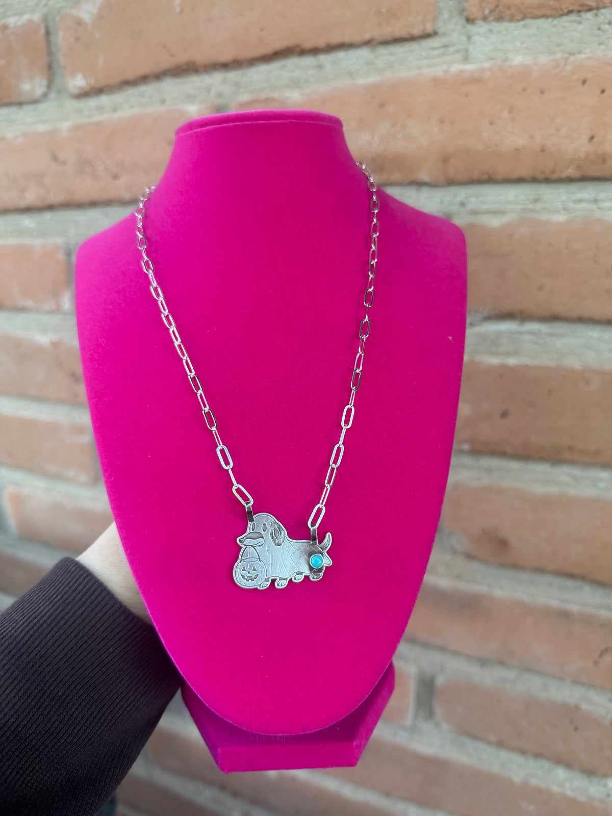 Handmade Sterling Silver & Kingman Turquoise 18” Wiener Dog Halloween ￼Necklace by Roaming Buffalo
