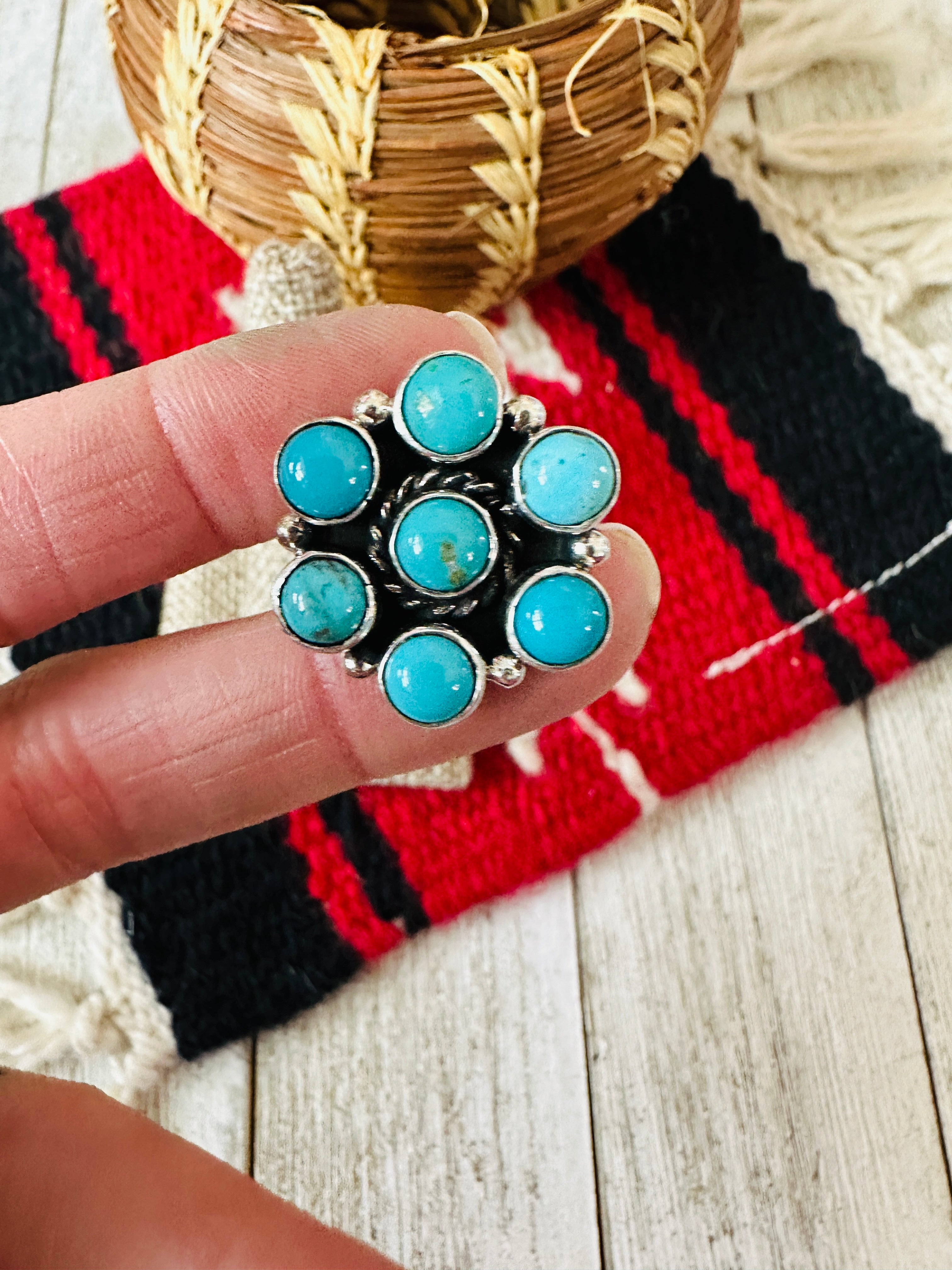 Handcrafted Turquoise & Sterling Silver Cluster Adjustable Ring