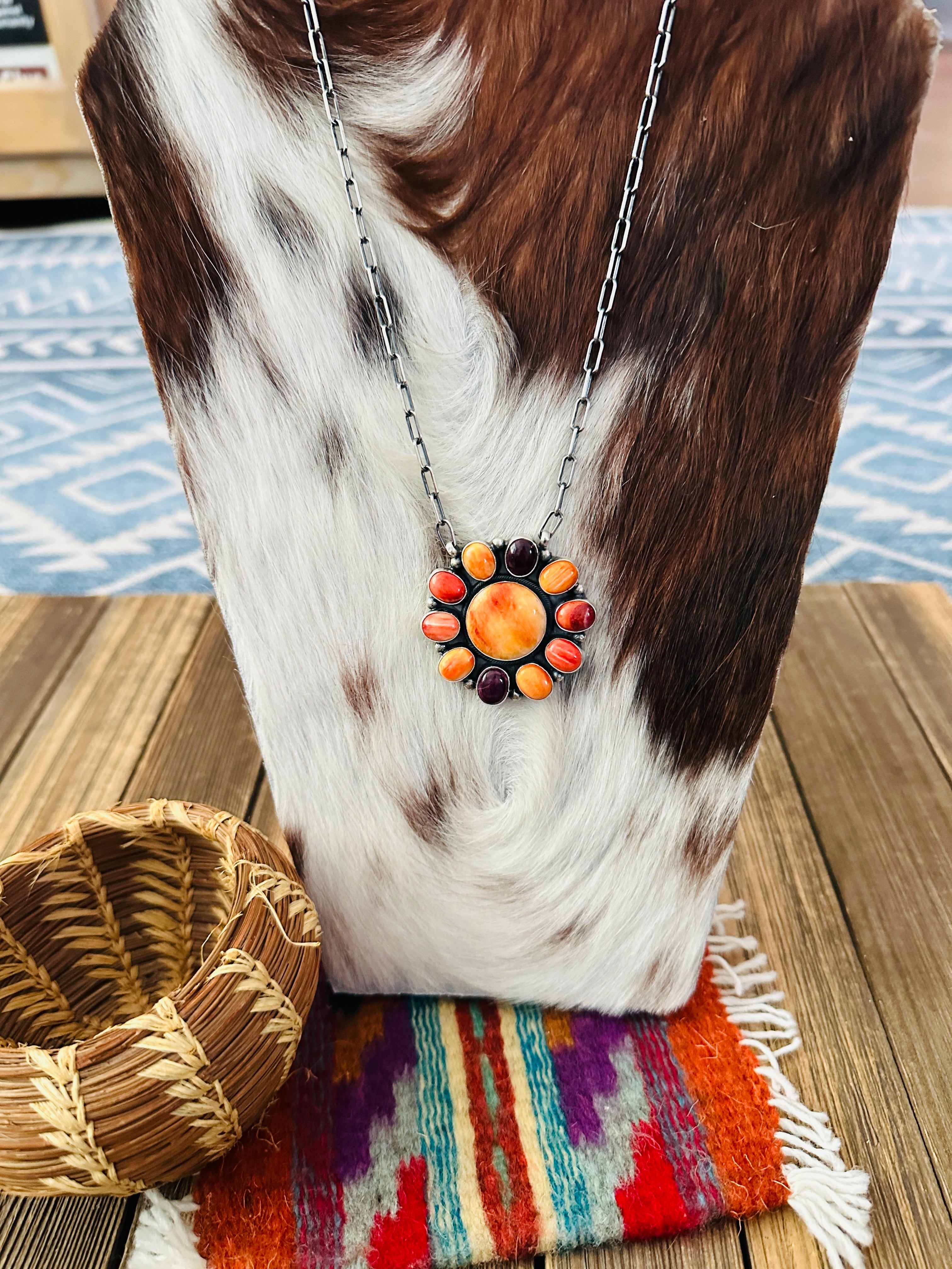 Handcrafted Multicolor Spiny Oyster & Sterling Silver Cluster Necklace by Sheila Becenti