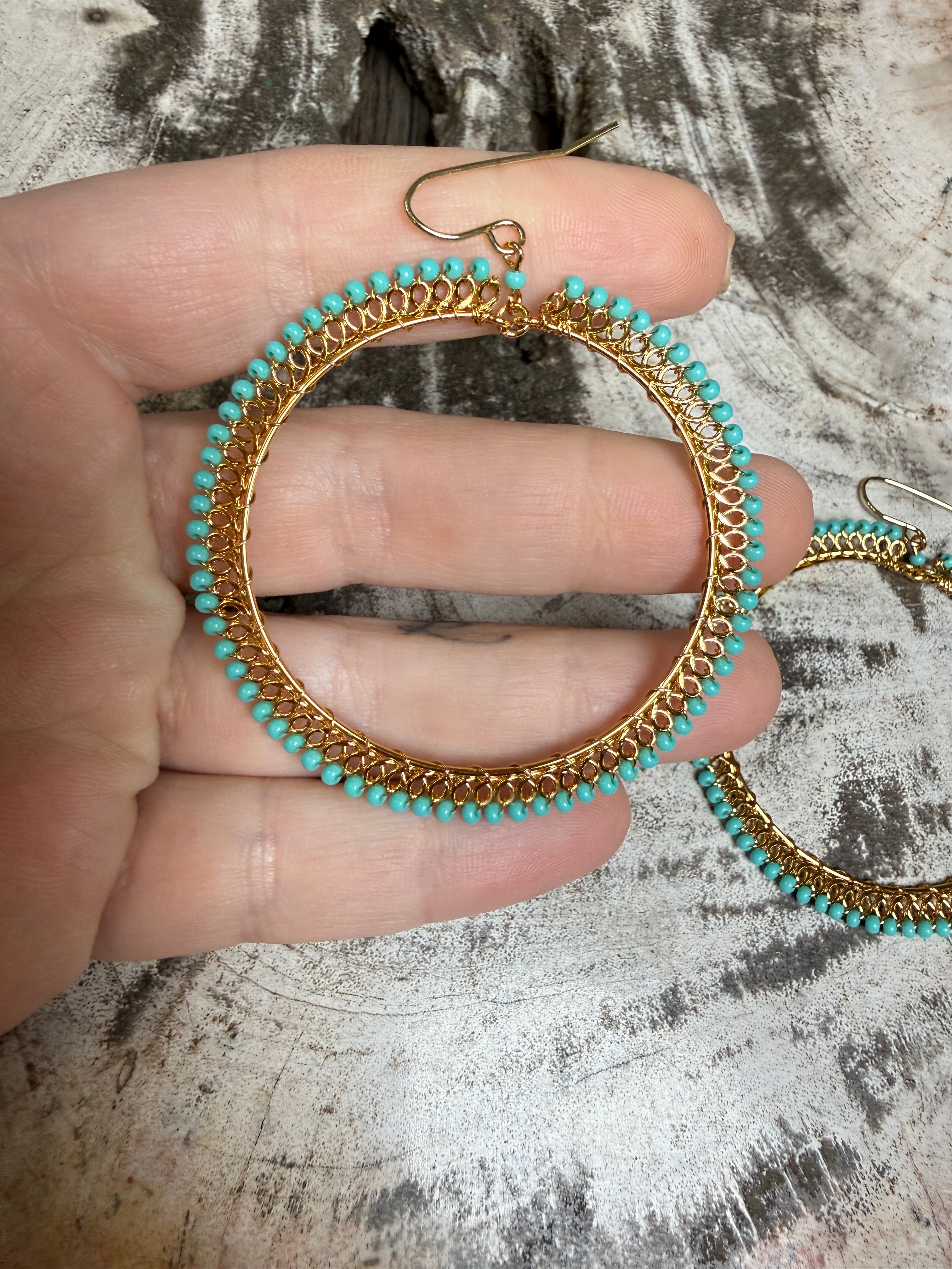 “The Golden Collection” Spring Fever Hoop Handmade Turquoise Beaded & 14k Gold Plated Hoop Earrings