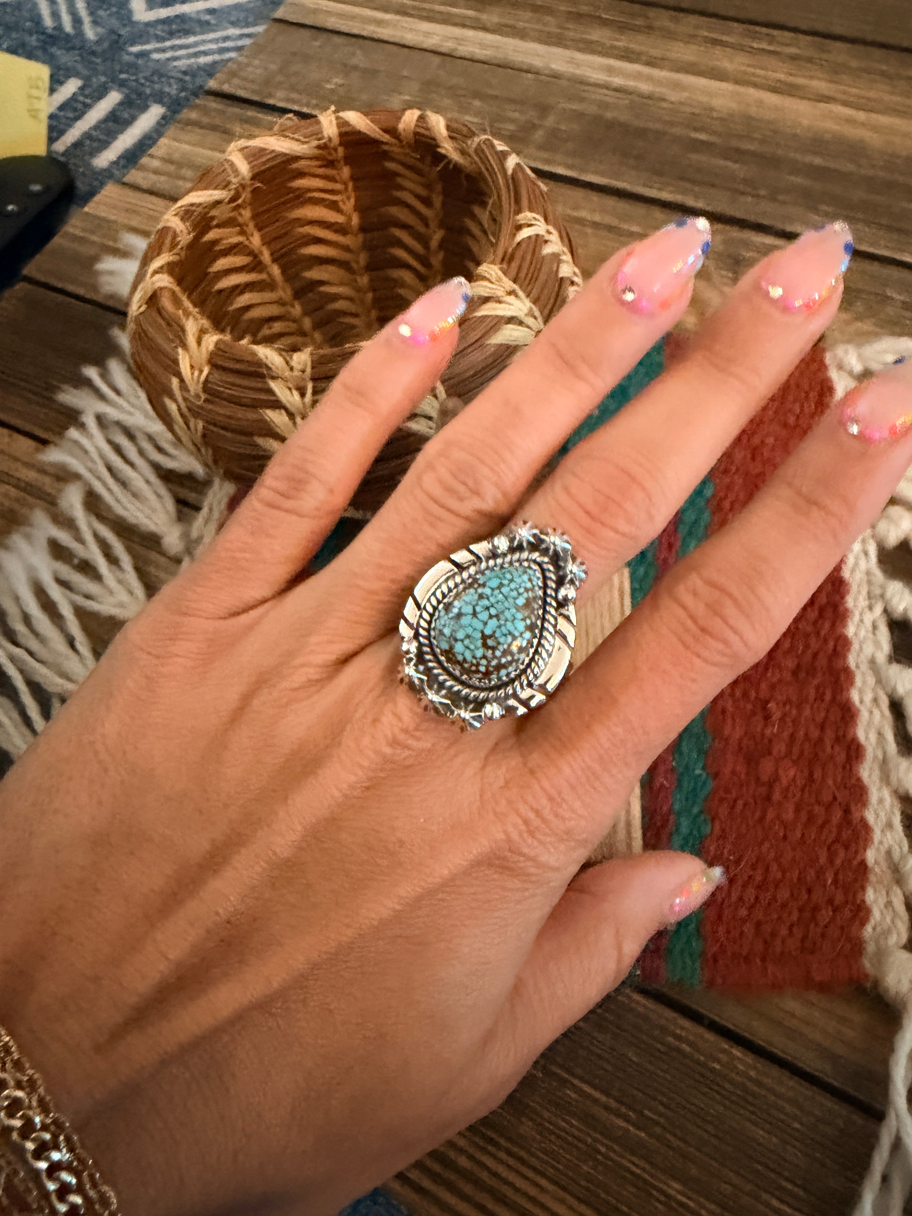 Handmade Sterling Silver Number 8 Turquoise Adjustable Ring Signed Nizhoni