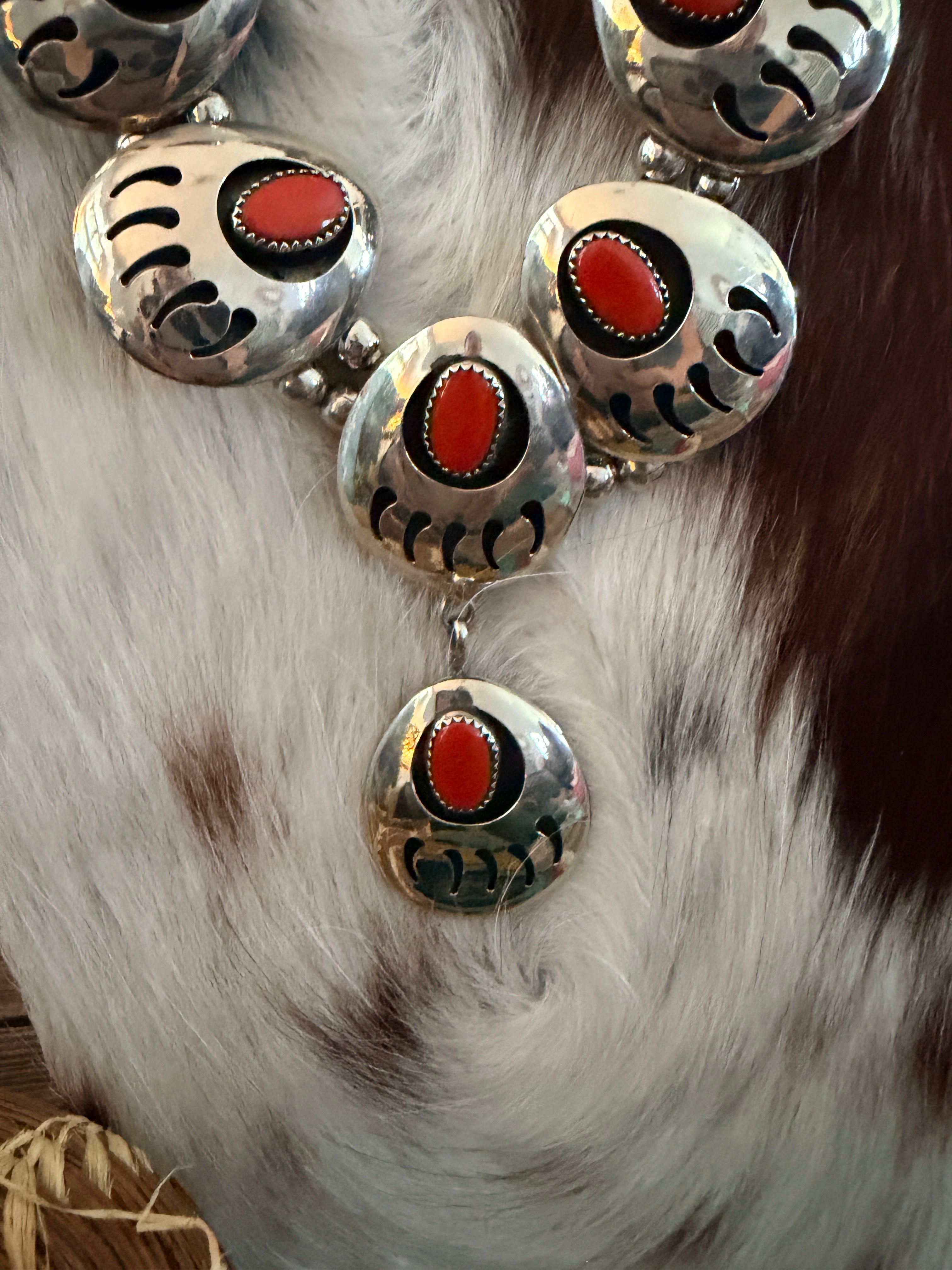 Old Pawn Handcrafted Coral and Nickel Bead Paw Necklace